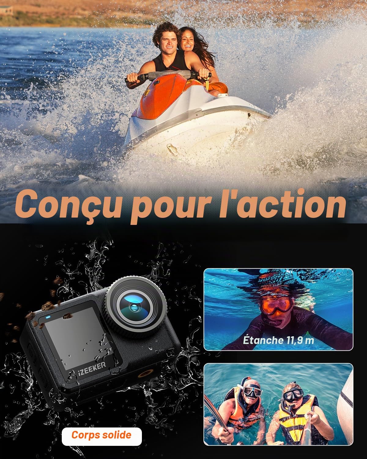 iZEEKER Camera Sport 4K 20MP, 40M Caméra sous-Marine, 12M Étanche(No Protection), 2,2 Pouces Écran Tactile, Double Écran, EIS, 5G WiFi, Batterie Intégrée de 1600mAh et 64 GB de Stockage, Accessories