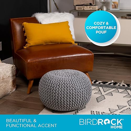 Miniatura 99 de BIRDROCK HOME Puf otomano cuadrado | Taburete de algodón trenzado con relleno de puf | Reposapiés bohemio para sala de estar, dormitorio, asiento