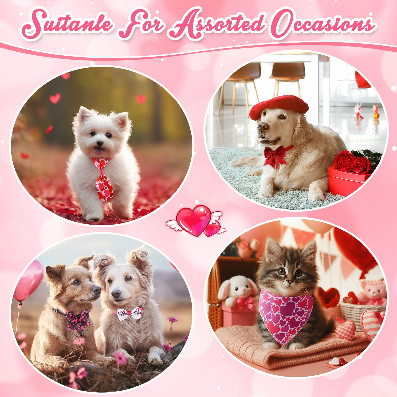 Reginary Set di 120 bandane per cani di San Valentino Bulk Fiocchi per cani Set Papillon Sciarpa per gatti Colorato Lavabile Triangolo Fazzoletto per animali domestici carino Bavaglino per l'estate