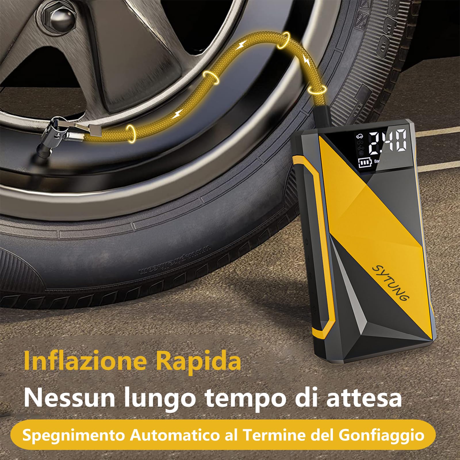 SYTUNG Compressore Aria Portatile 150PSI Compressore d'Aria per Pneumatici Cordless Ricaricabile con Batteria da 6000mAh Display Digitale Luce a LED, Adatto per Pneumatici Auto e Altri Gonfiabili