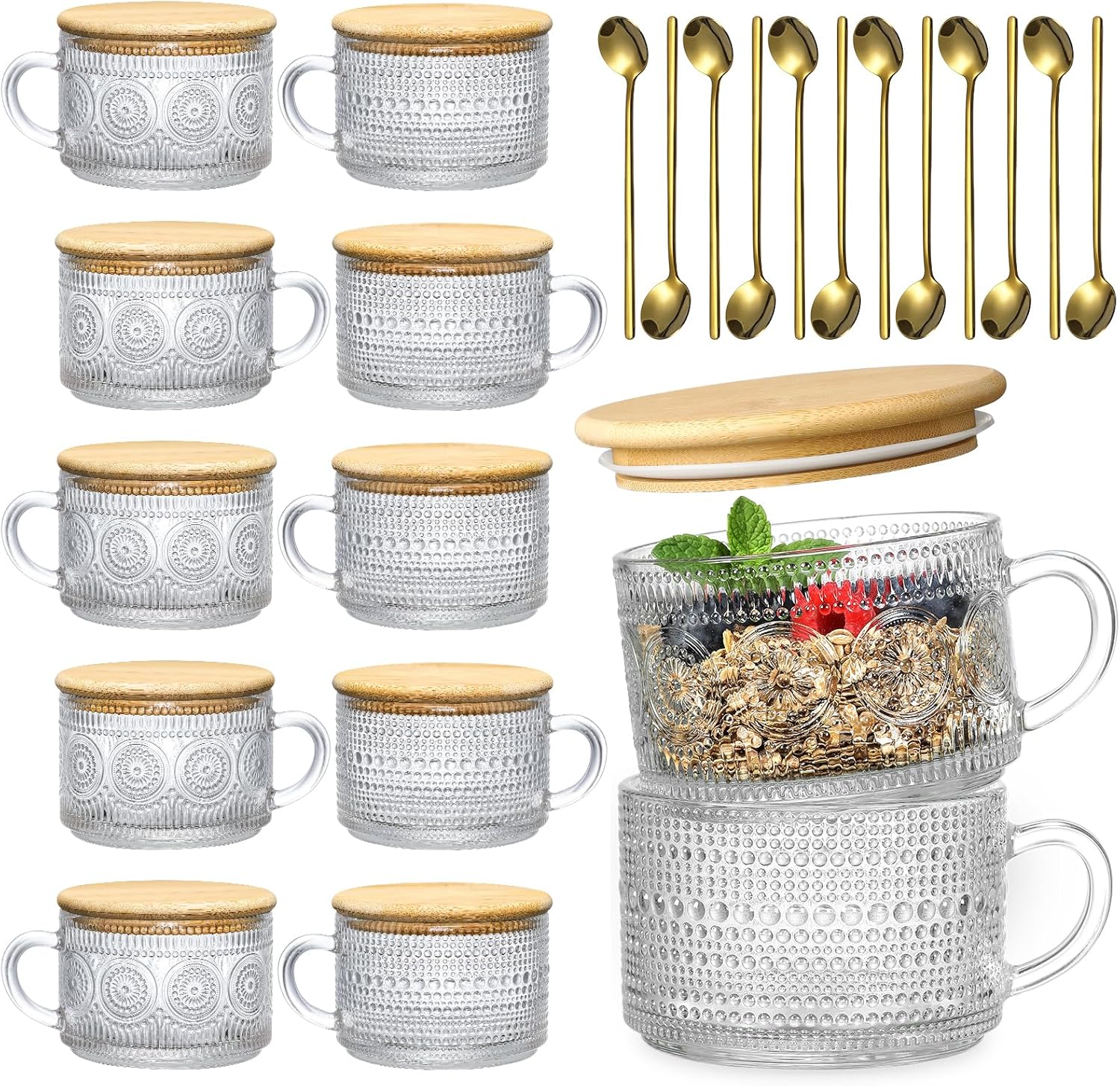LANDNEOO 12pcs Set Irish Coffee Glasses, Vintage Coffee Mugs, Overnight Oats Containers with Bamboo Lids and Spoons - 14oz Clear Embossed Glass Cups, Cute Coffee Bar Accessories, Iced Coffee Glasses 12 Pack