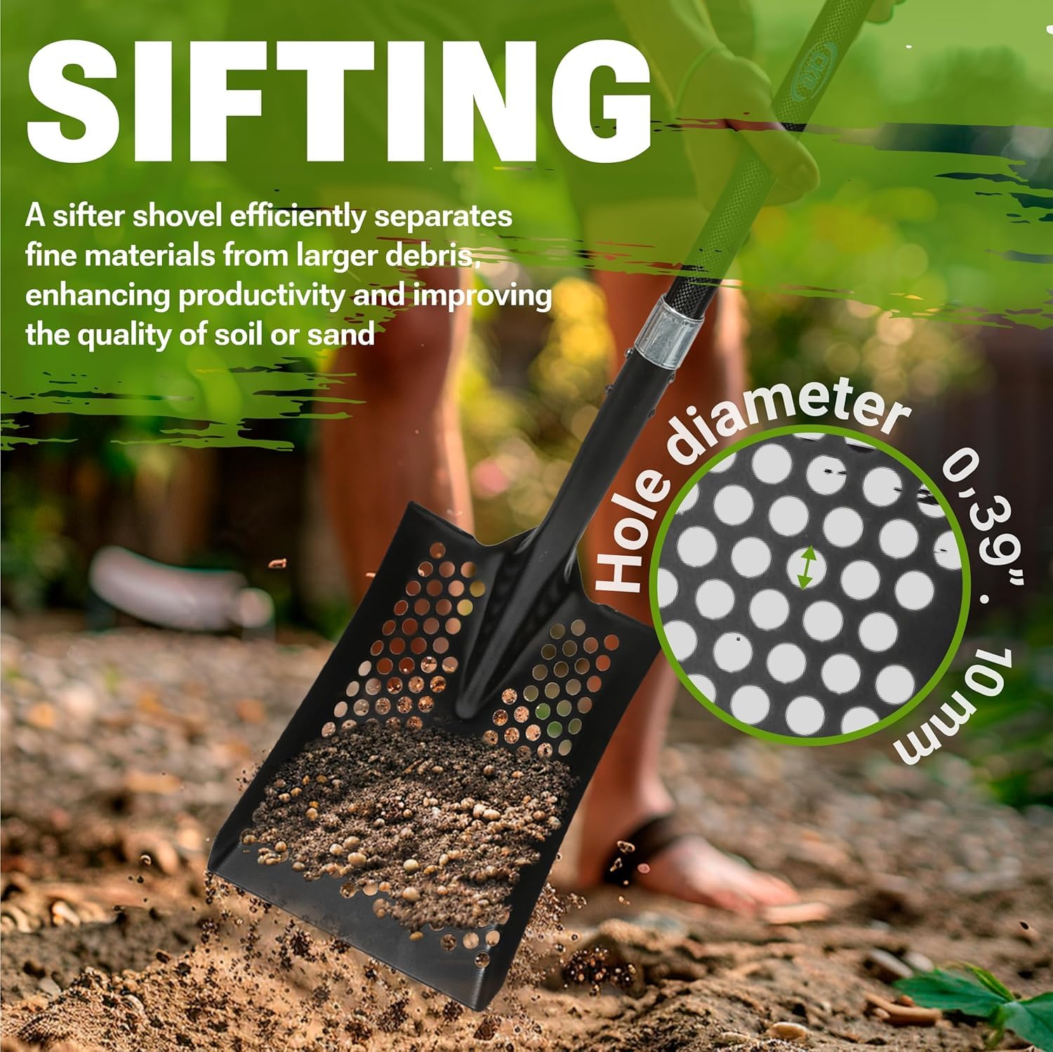 CKG Siebschaufel Sand und Hühnerkotschaufel mit Carbon-Griff, Schwarz | Für Sand, Stall & Garten. Siebt schnell Erde, Einstreu & Strandgut. Mit Carbon-Griff, Stahlwanne & D-Griff