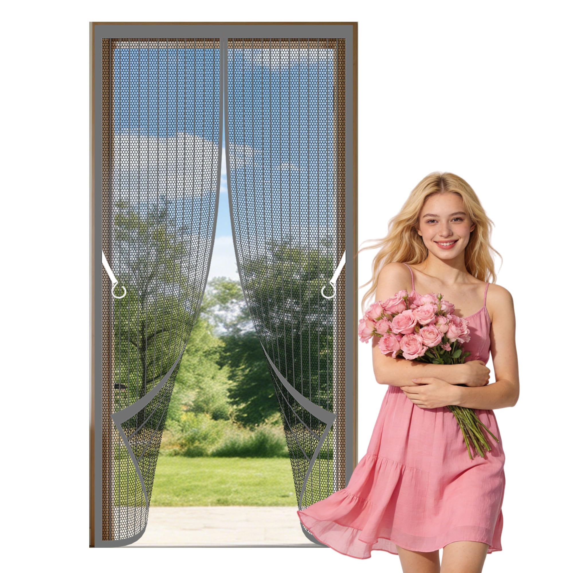 Magnetic Door Curtains Fly Screen 119 x 235 cm Self Sealing, Hands Free Nets Patio Curtain Insect Mesh Keeping Out Flies Bug Suitable for Patio Room Balcony Bedroom, Grey