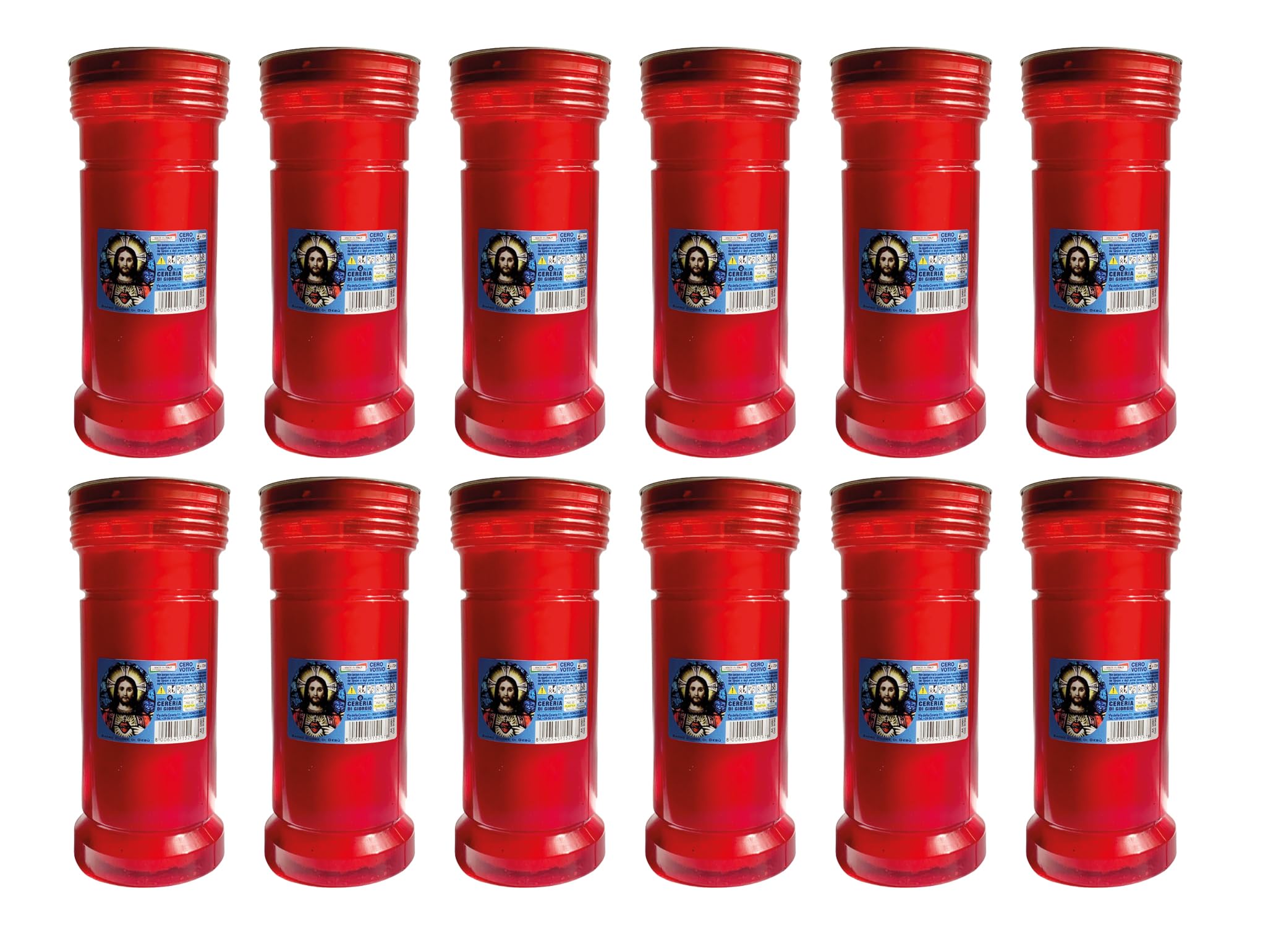 Cereria Di Giorgio - Confezione da 12 Ceri Votivi dedicati al Sacro Cuore - Modello P80 - Colore Rosso - Durata 60 ore
