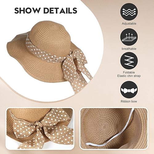 Miniatura 3 de Leumoi 2 sombreros de paja para niña, sombrero de playa para niños pequeños con nudo de lazo, gorra de paja de verano para niñas pequeñas de 3 a 10