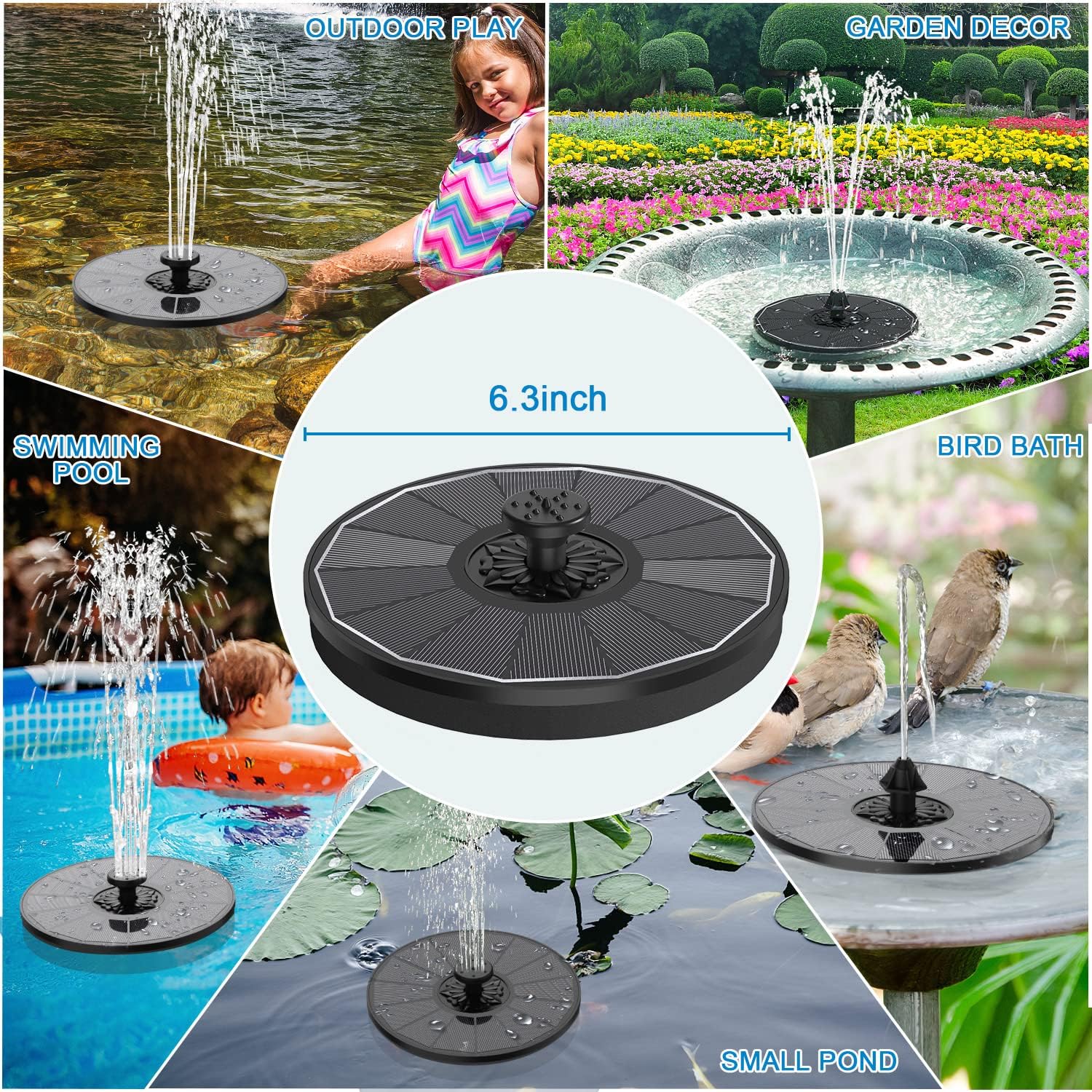 SZMP Fuente Solar con 2000mAh Batería, 2025 Nuevo 3.5W Bomba de Agua Solar - Trabajar en días Nublados - 8 Boquillas y 4 Fijadores, para Estanque de Jardín Fuente, Baño para Pájaros, Piscina