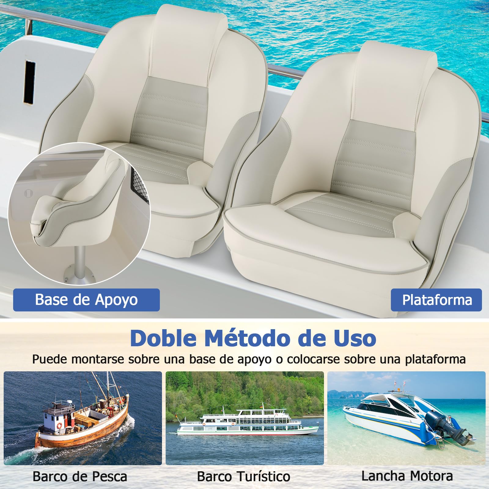 COSTWAY Asiento para Capitán, Asiento para Barco Pontón con Cuero de PVC Impermeable, Acolchado de Esponja Gruesa, Respaldo Alto de 42,5 Cm, Reposabrazos Curvo, Pernos