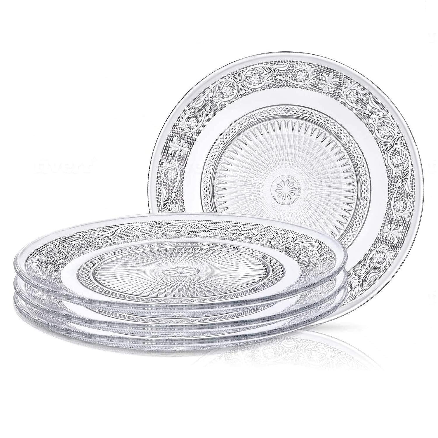 LIBAH 7 Inch Vintage Embossed Large Serving Plate Round Clear Glass Plate (Set of 6)