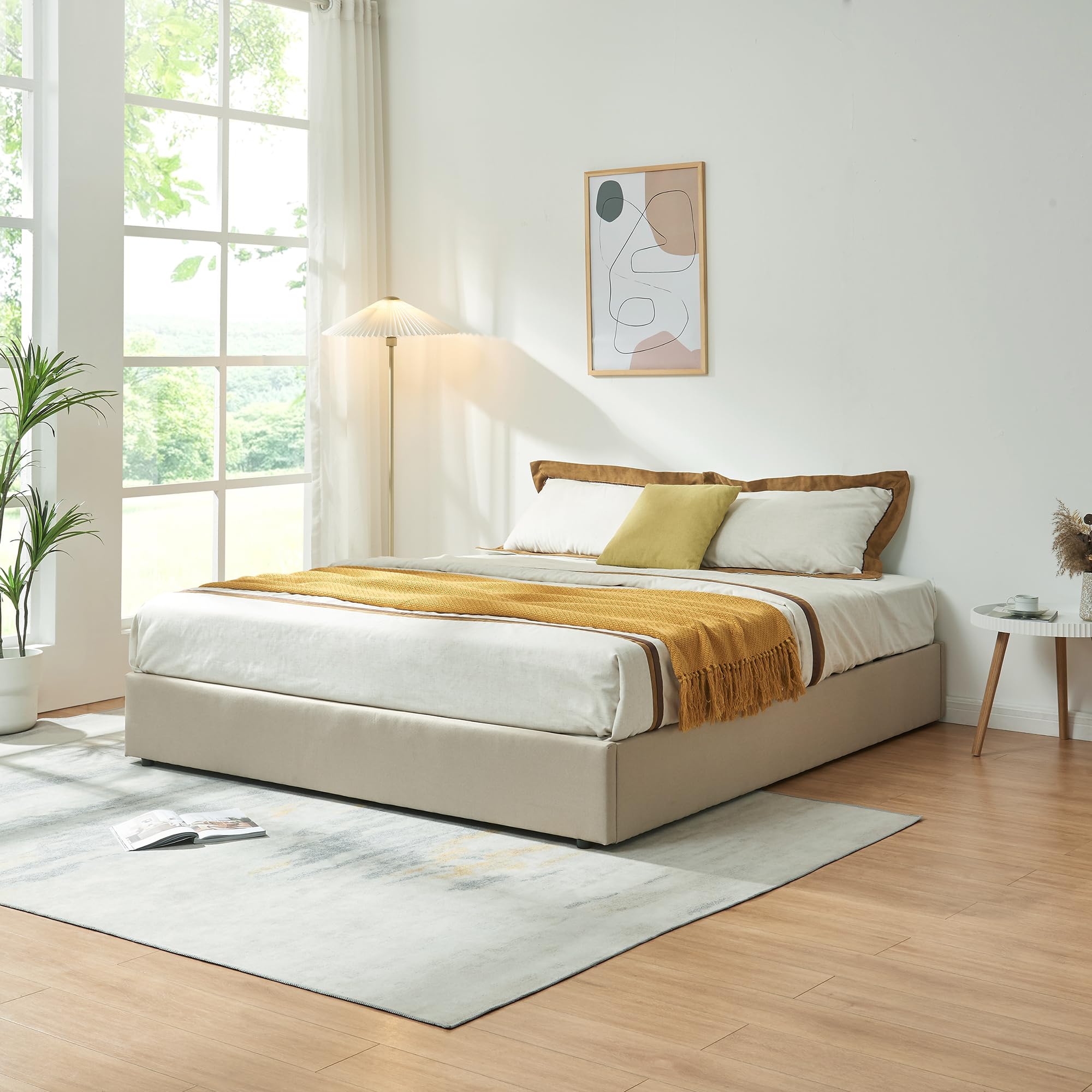 en.casa Polsterbett 180x200 cm NOLA with Bettkasten und Lattenrost, Leinenbezug, Beige