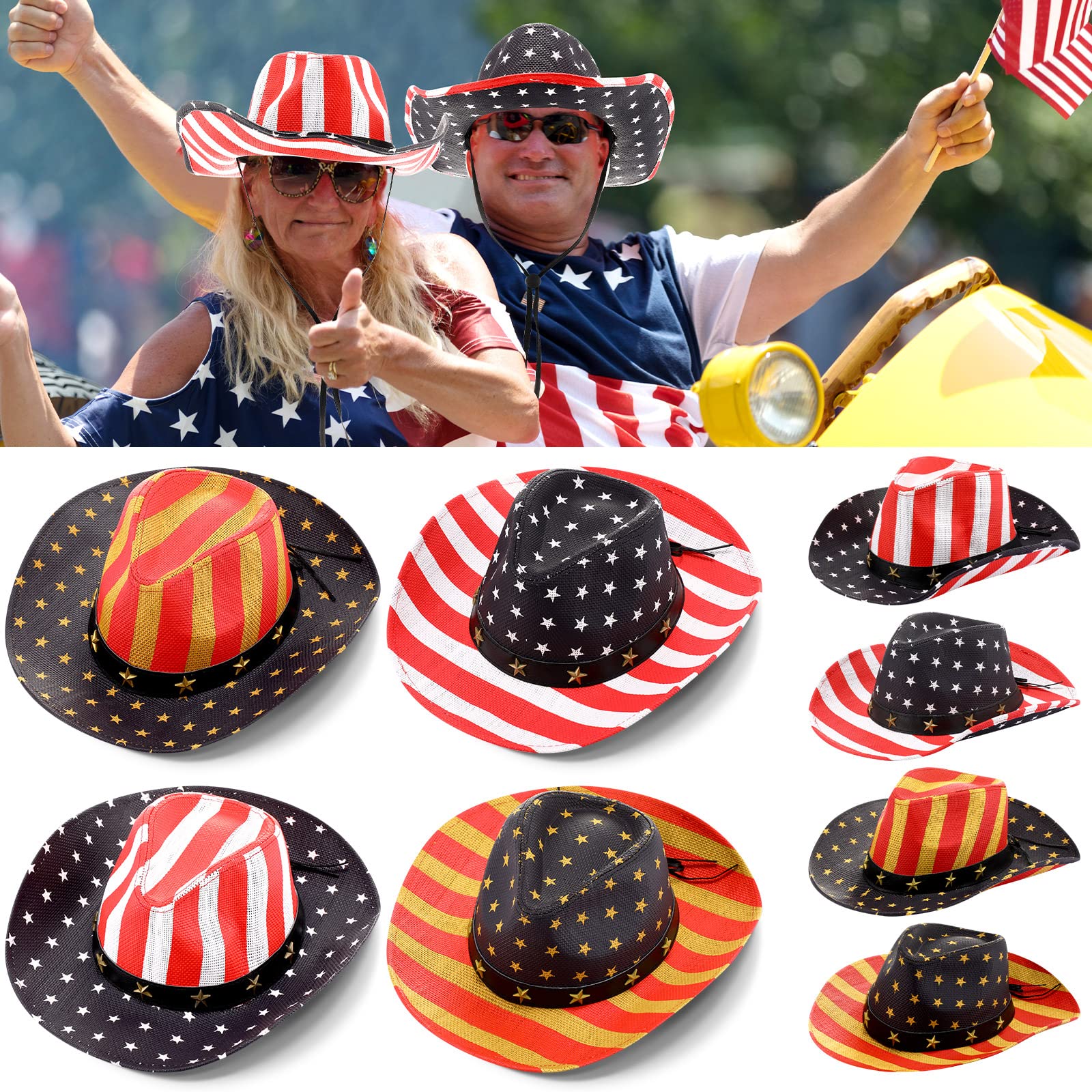 Janmercy8 Pcs Straw American Flag Cowboy Hats USA Western Party Hats Stripes Star Patriotic Cowgirl Hat for 4th of July Cosplay