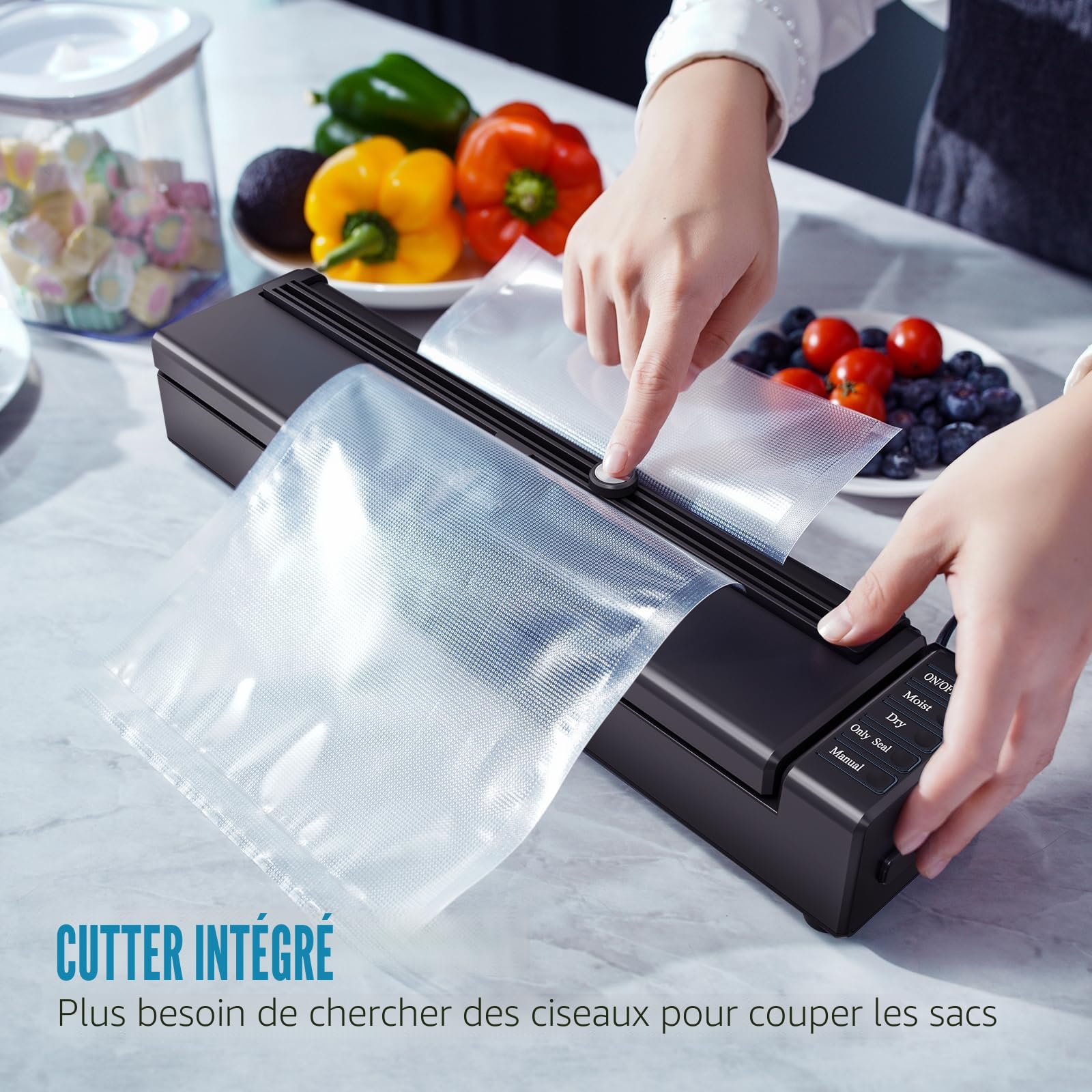 Machine Sous Vide Alimentaire 5 en 1, Machine Sous Vide pour Aliments Secs et Humides, Machine à vide Appareil avec Couteau de Coupe, Sacs Sous Vide et tuyau Inclus, HK020