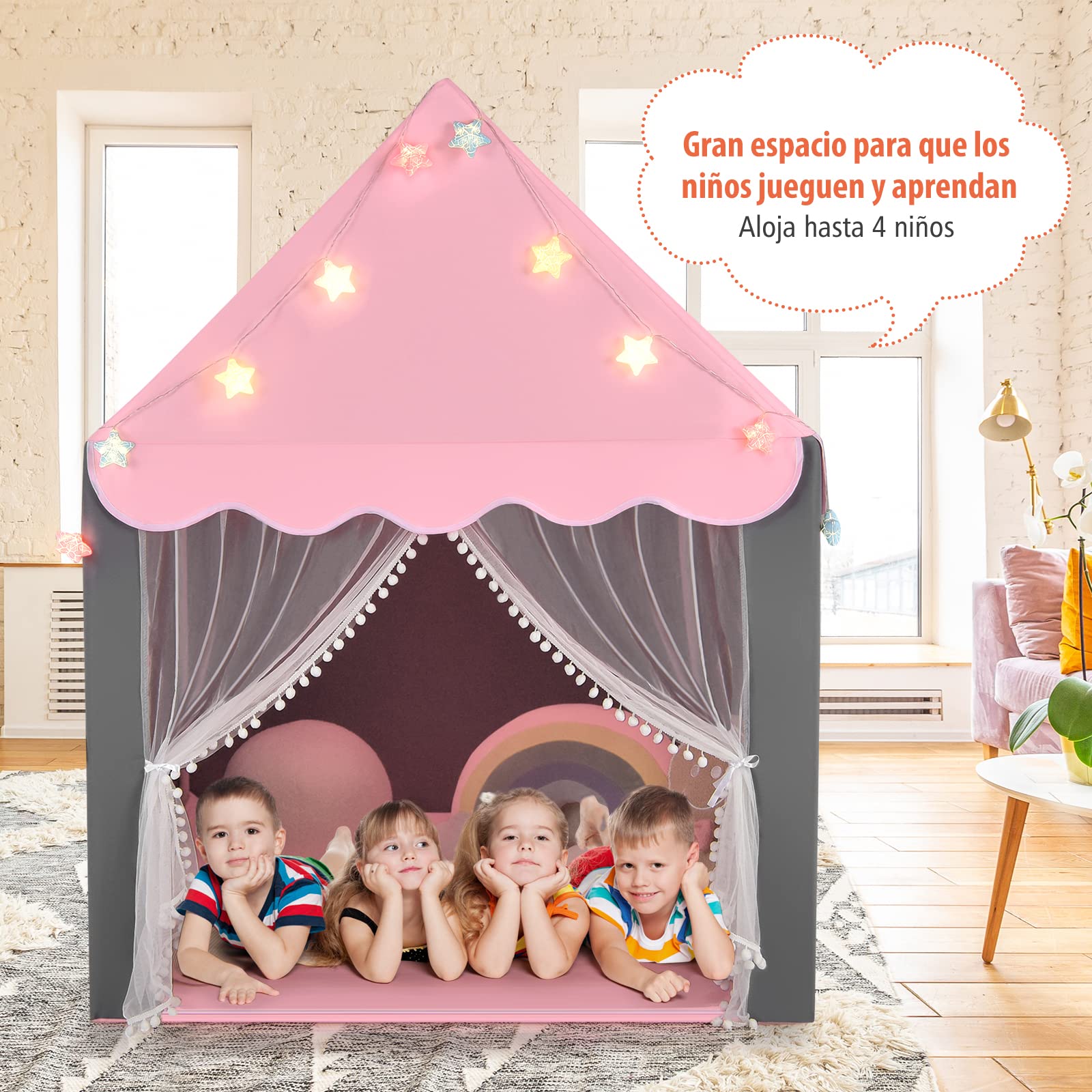 COSTWAY Carpa para Niños con Colchoneta Lavable, Luces de Estrella, Ventanas, Cremalleras Inferiores, Carpa Castillo de Hadas, Casa de Juegos, Tienda Infantil de Campaña para Niños y Niñas (Rosa)