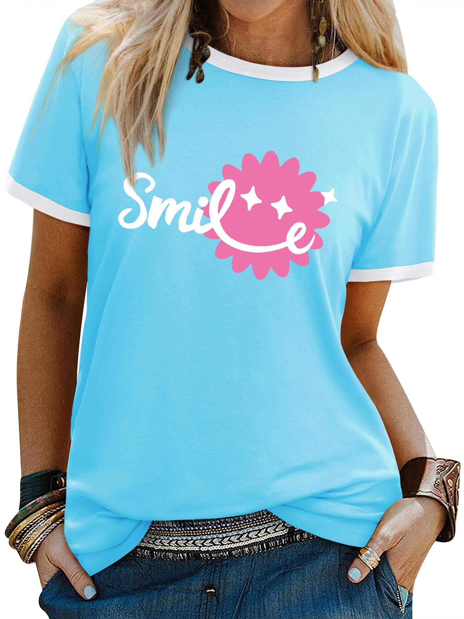 Yihelian Tshirts Frauen Rundhals Top Damen Daisy Print Kurzarm Tee Shirt Sommer Lächeln Brief Gedruckt Shirts