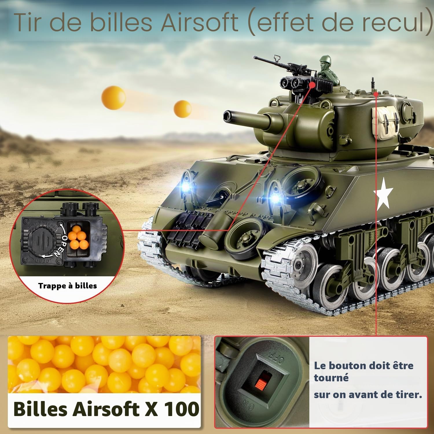 Tank Telecommande US M4A3, Modèle char de Combat 1/18, Réservoir Télécommandé 2.4Ghz, Maquette Char Jouets Avec Fumée, LumièRes, Son et Recul pour Enfants et Adultes, Réservoir Télécommandé Tir BBS