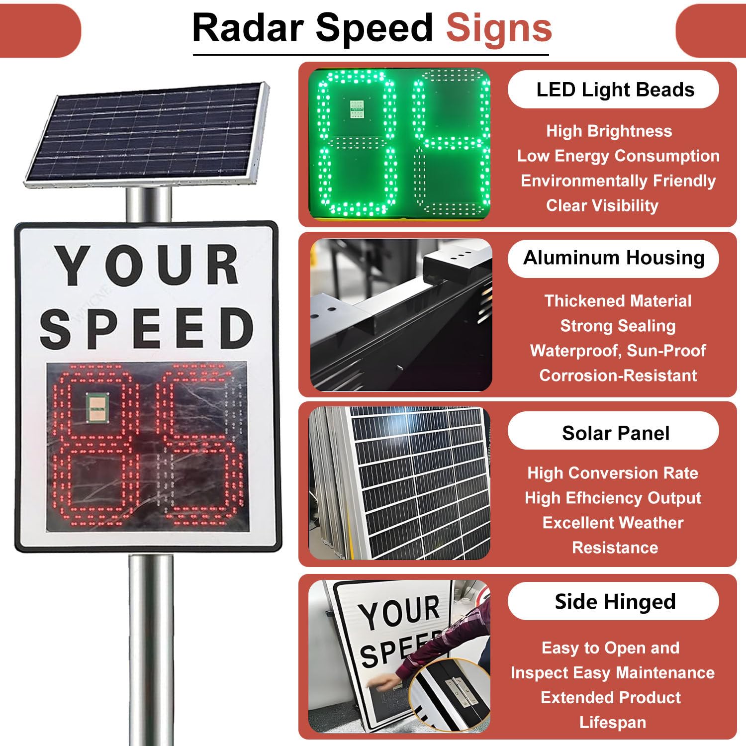 Señales de Velocidad de Radar, señal de Advertencia de Velocidad de Radar Solar, Pantalla de 2 dígitos, Control Remoto inalámbrico con retroalimentación de Velocidad LED Yellow-24 * 35in