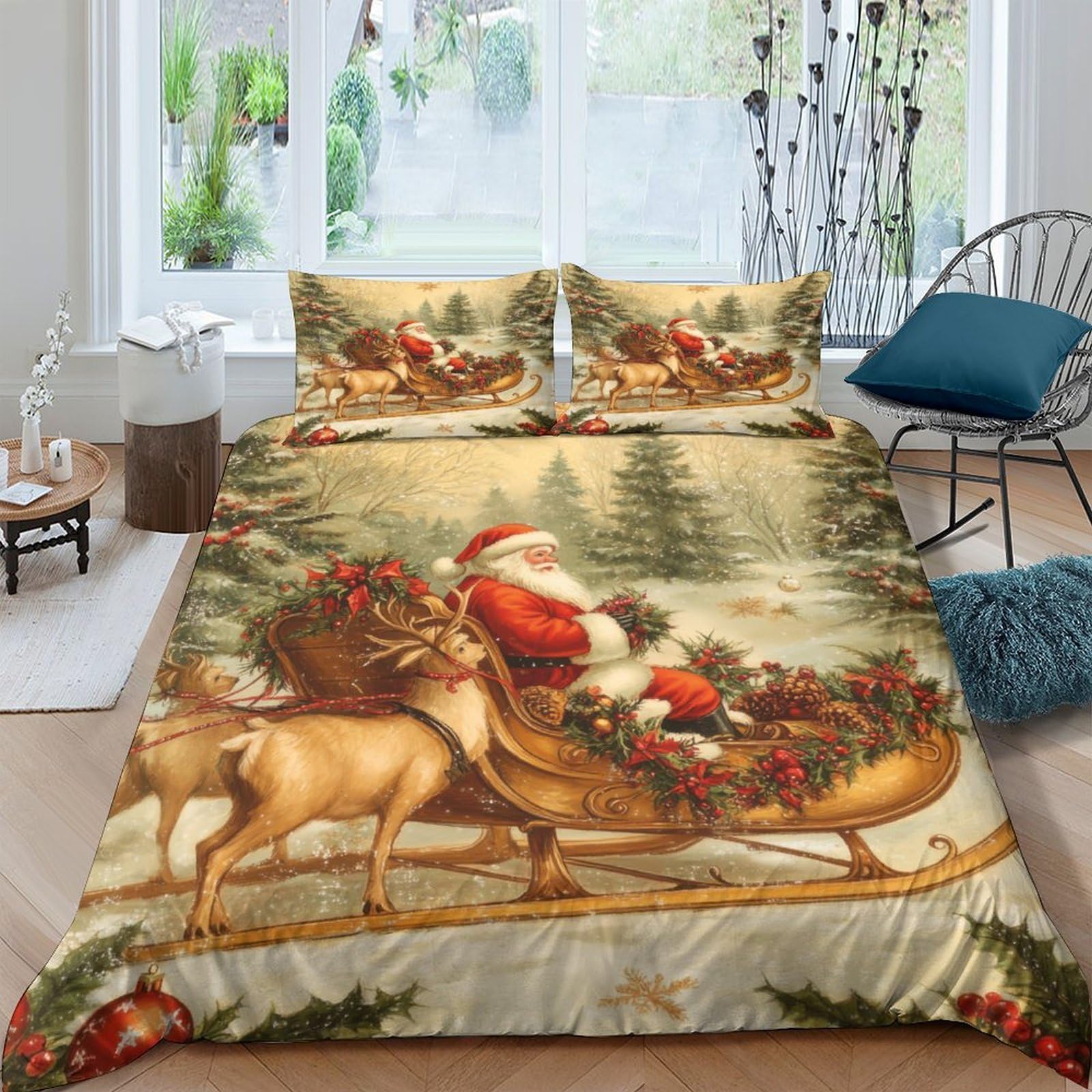 Ctjqhvkz Style-3 3D Printed Christmas Santa Sleigh Fitted Sheet Microfiber Soft Festive Reindeer Mattress Cover For Bedroom Guestroom Decor Single（135X200cm）