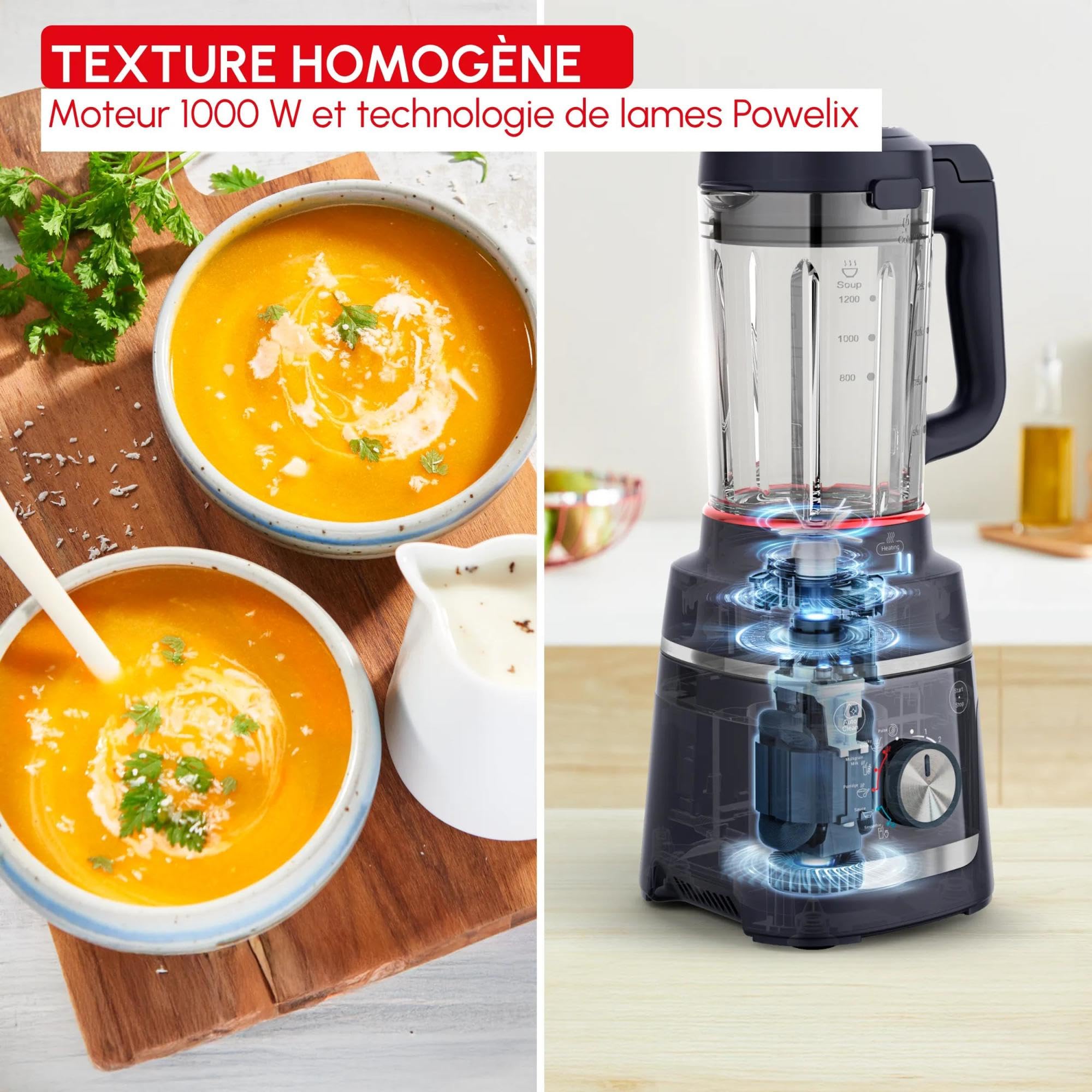 Moulinex Blendforce Cook, Blender chauffant, Recettes chaudes et froides, 5 programmes automatiques, 6 vitesses + Pulse, Bleu nuit, LM5768F0