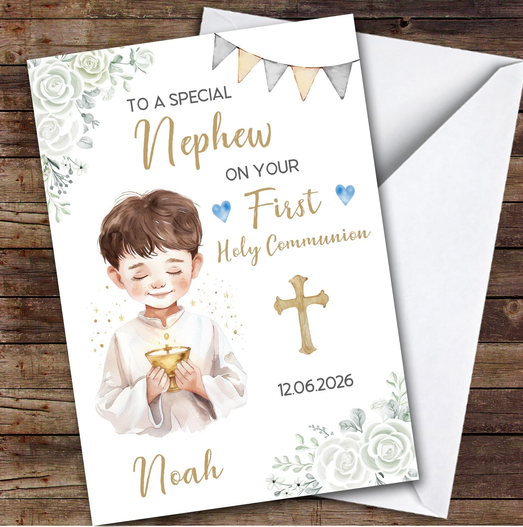 Personalised First Holy Communion Card For Nephew Little Boy White Flowers | Custom Greetings Card For First Holy Communion Any Text