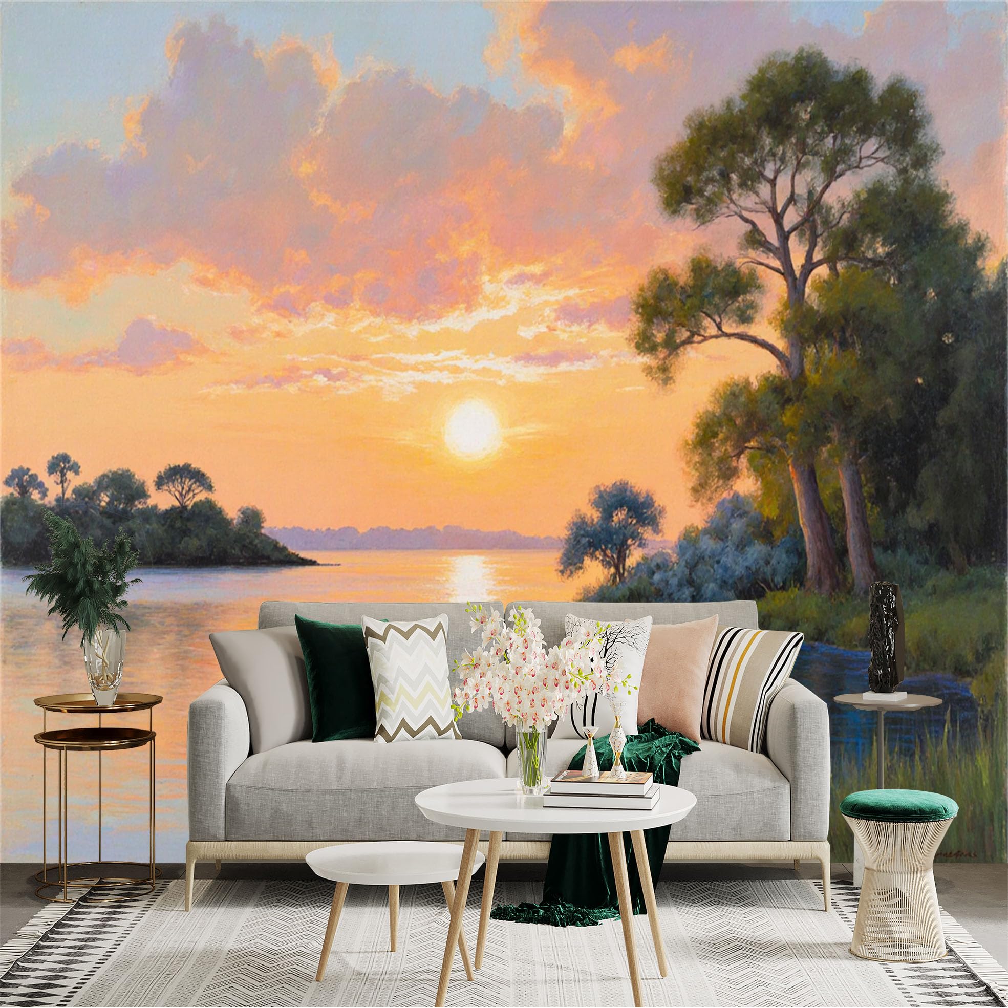 Custom Size Wall Sticker Mural， Sunset Lake with Trees and Golden Sky Reflection， for wall Decoration， peelandstick wall Decals.