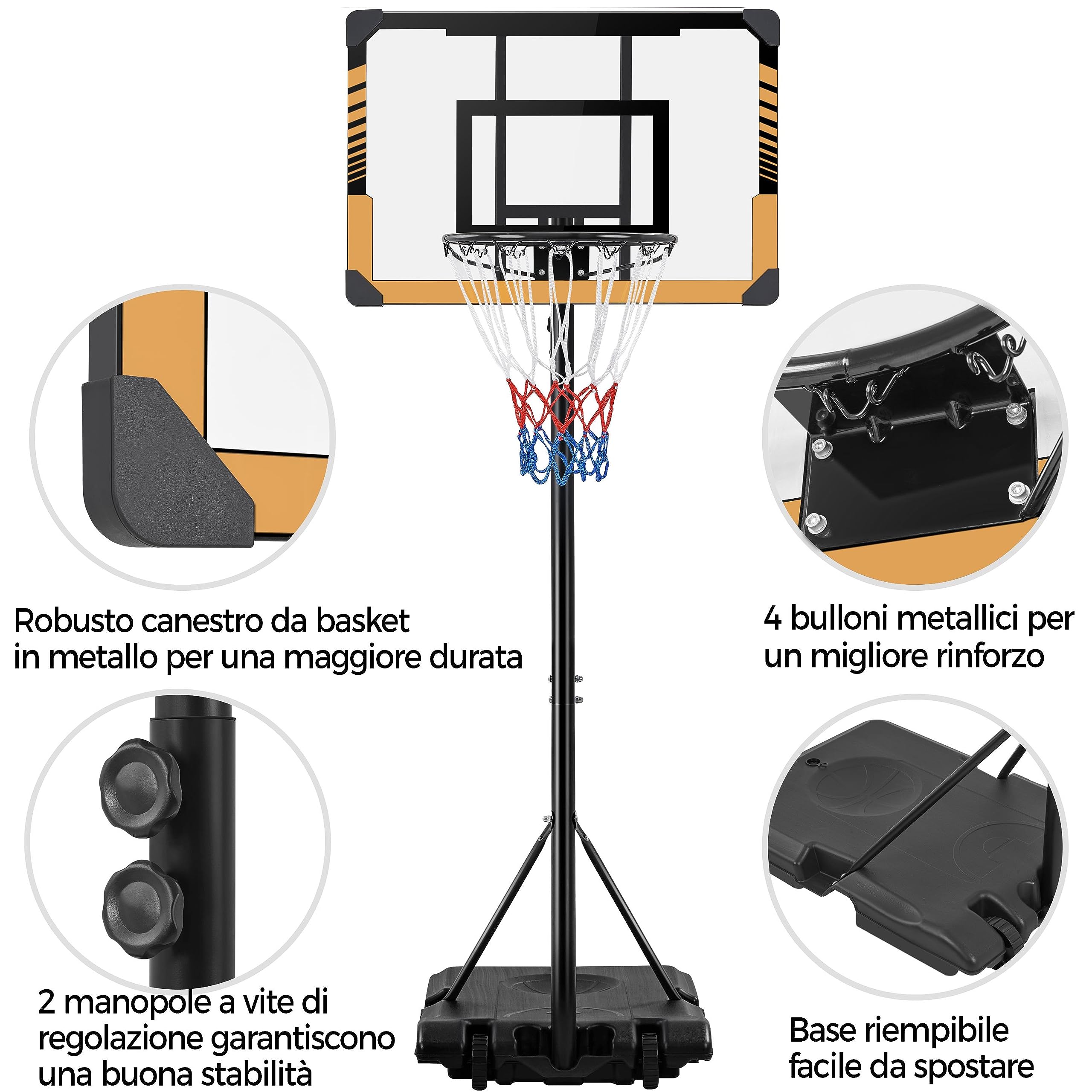 Yaheetech Canestro Basket Esterno Interno Camera Portatile con Colonna Tabellone Canestro Altezza Regolabile