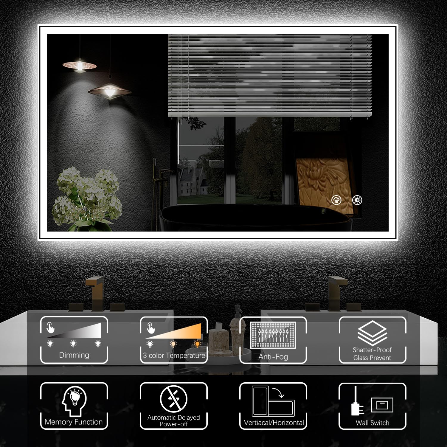 40 X24 LED Bathroom Mirror, Dual Backlit & Front Lit Anti-Fog, Dimmable, Dimmable led Mirror for Bathroom, Bathroom Mirror with Lights Wall-Mounted Vanity Mirror