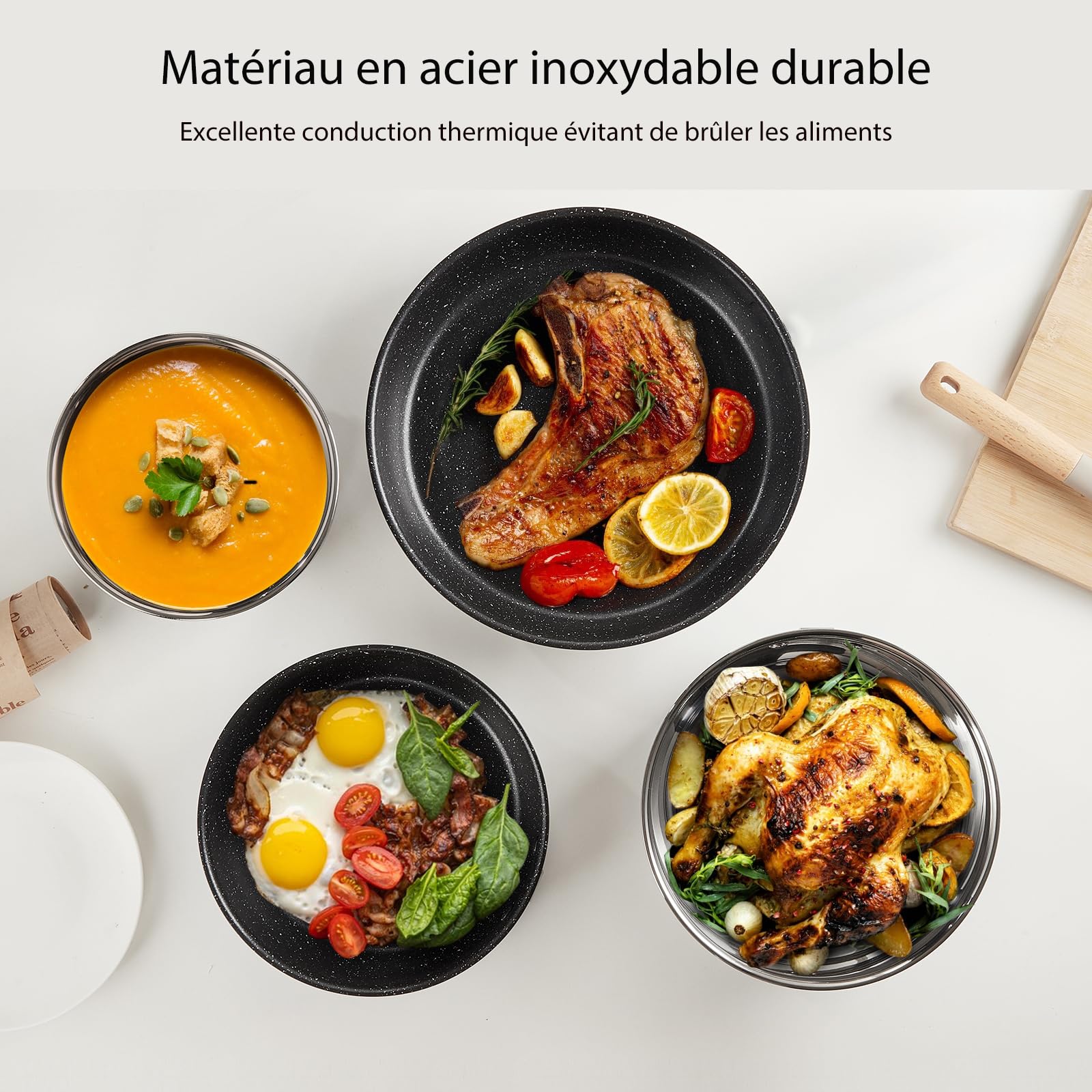 Batterie de Cuisine Inox 7 pièces, Poêles et Casseroles Induction sans PFAS | Poignée Amovibl, Empilable et Lavable Lave-Vaisselle, Résistante au Four, pour Toutes Plaques, Maison Camping Pique-Nique