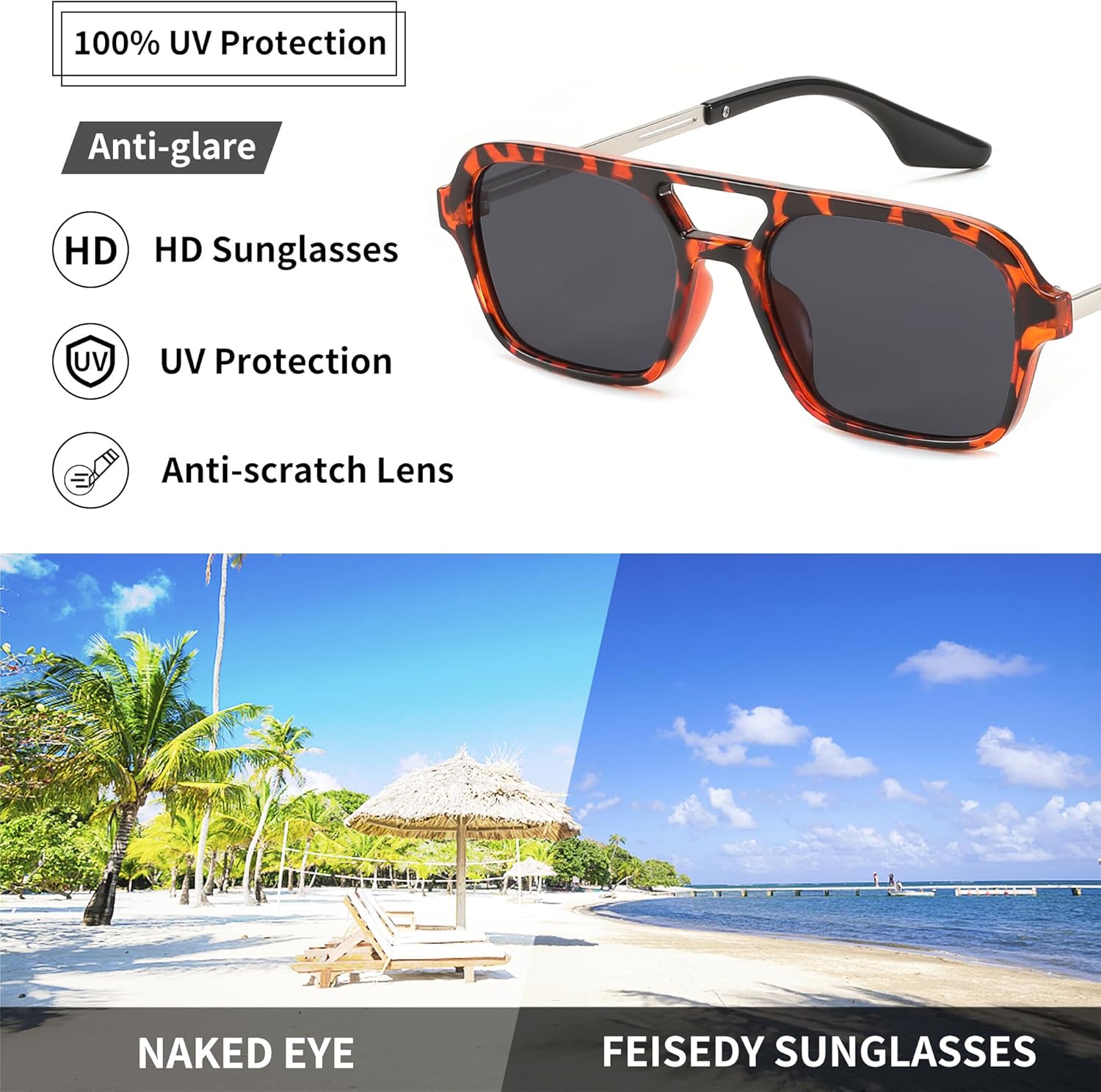FEISEDY Vintage Square 70s Flat Aviator Sunglasses Women Men Metal Design Shades B2752