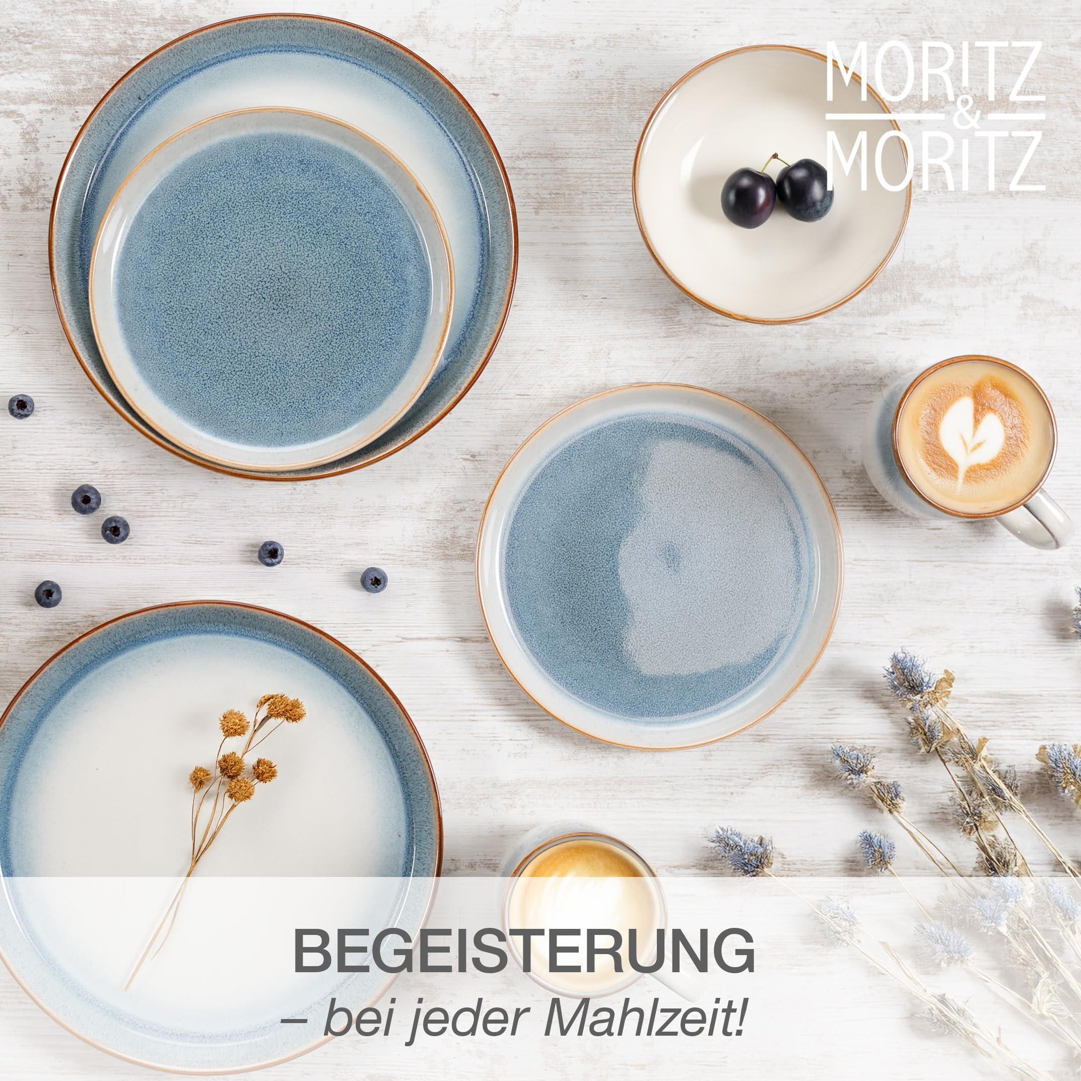 Moritz & Moritz TARENTO Service de table 24 pièces pour 6 personnes Bleu – Élégant ensemble d'assiettes en grès de qualité supérieure – Set de vaisselle composé de 6 assiettes à dîner, 6 assiettes à