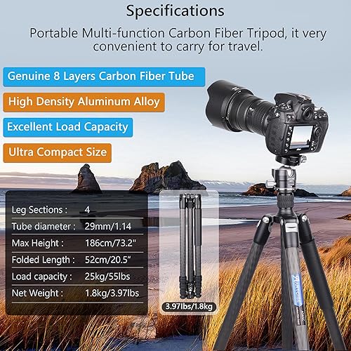Miniatura 2 de ARTCISE - Trípode de fibra de carbono profesional para cámara con cabeza de bola de perfil bajo, soporte de trípode compacto de viaje de 10 capas de