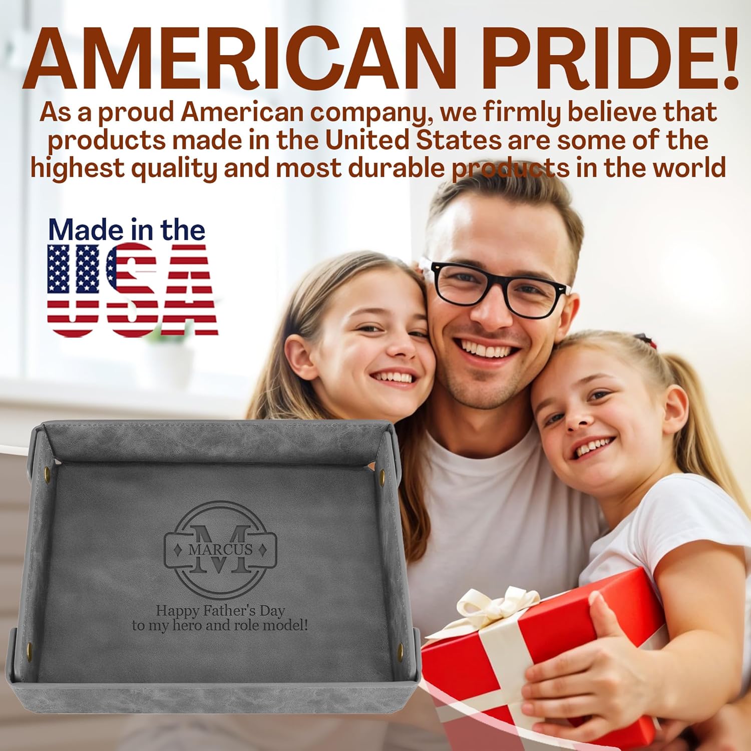 Engraved Father’s Day Leather Valet Tray – Personalized Leather Catch All with Custom Name – Men’s Valet Tray Organizer for Keys, Watches, and Jewelry – Unique Dad Gift from Daughter or Son - Grey