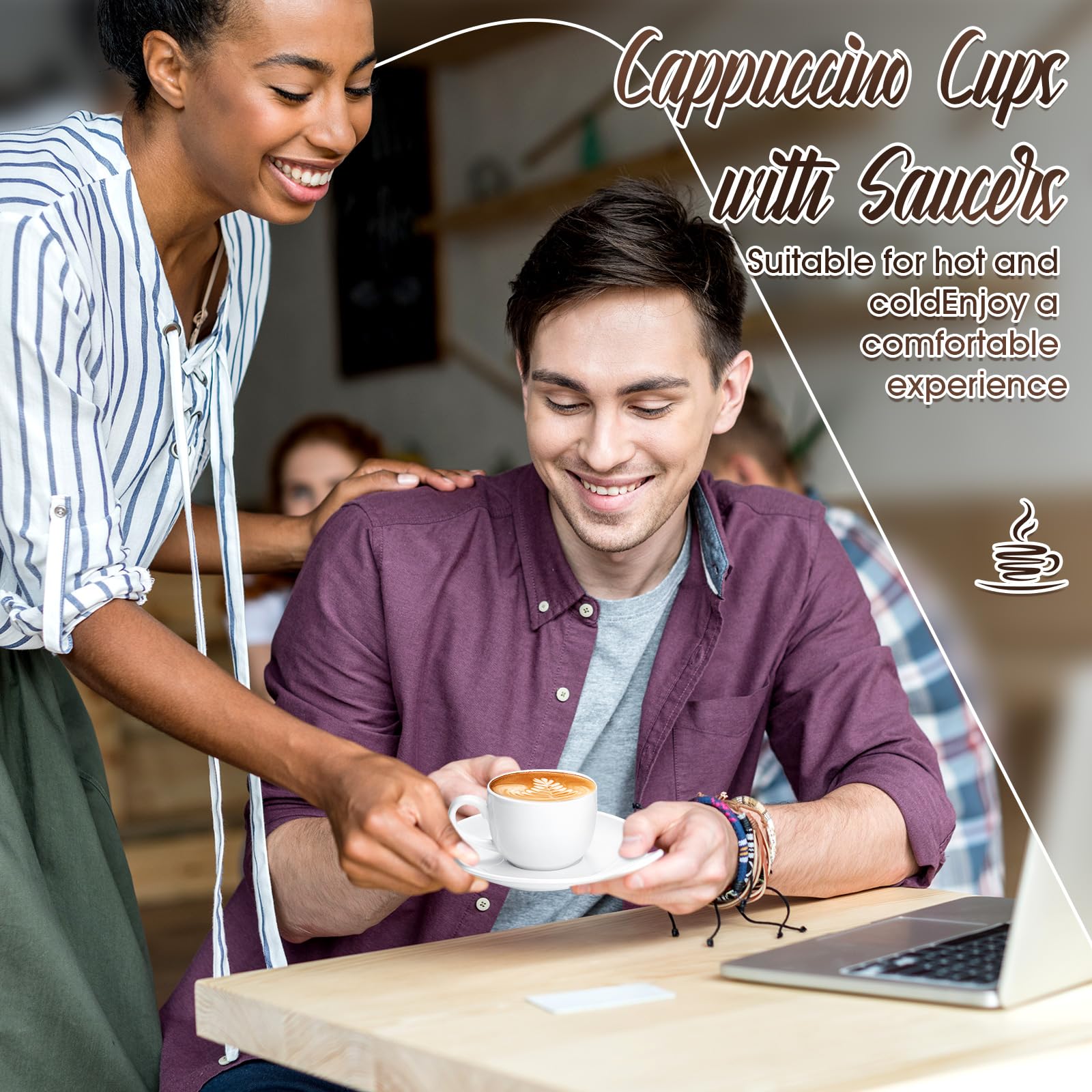 Maxdot Juego de 12 tazas de porcelana para capuchino con platillos, tazas de café y platillos de cerámica blanca, taza de café y capuchino, taza de café con leche para cafetería, moca, barista,