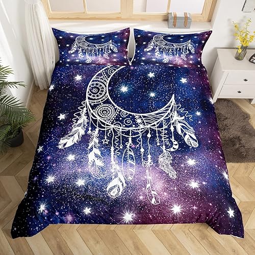 Juego de ropa de cama atrapasueños con diseño de mandala, luna, atrapasueños, para niños y adolescentes, funda de edredón de plumas tribales