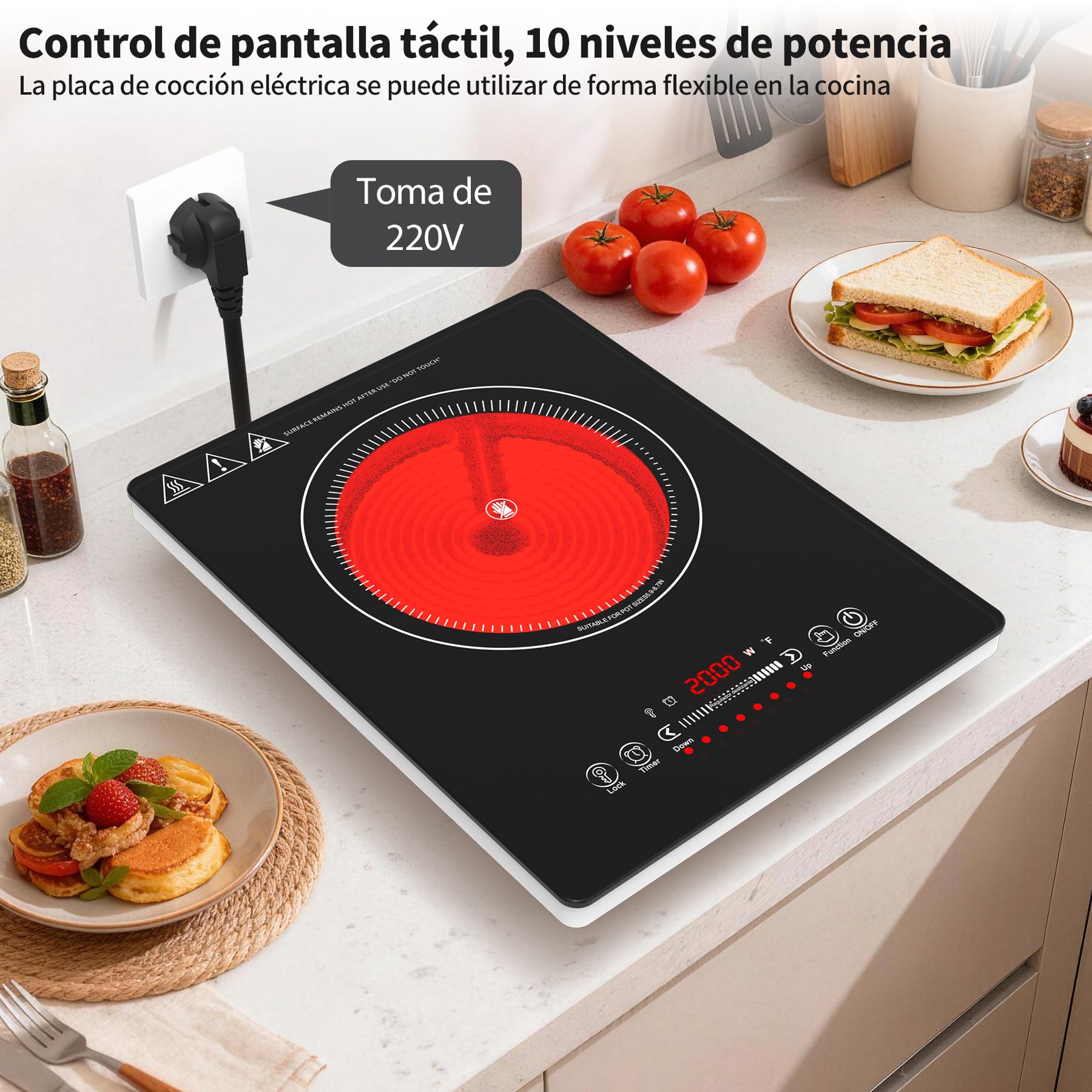 VBGK vitro portatil 1 fuego，220V 2000W placa vitroceramica con control táctil LED, 10 niveles de potencia, temporizador de 4 horas, bloqueo de seguridad y protección contra sobrecalentamiento.