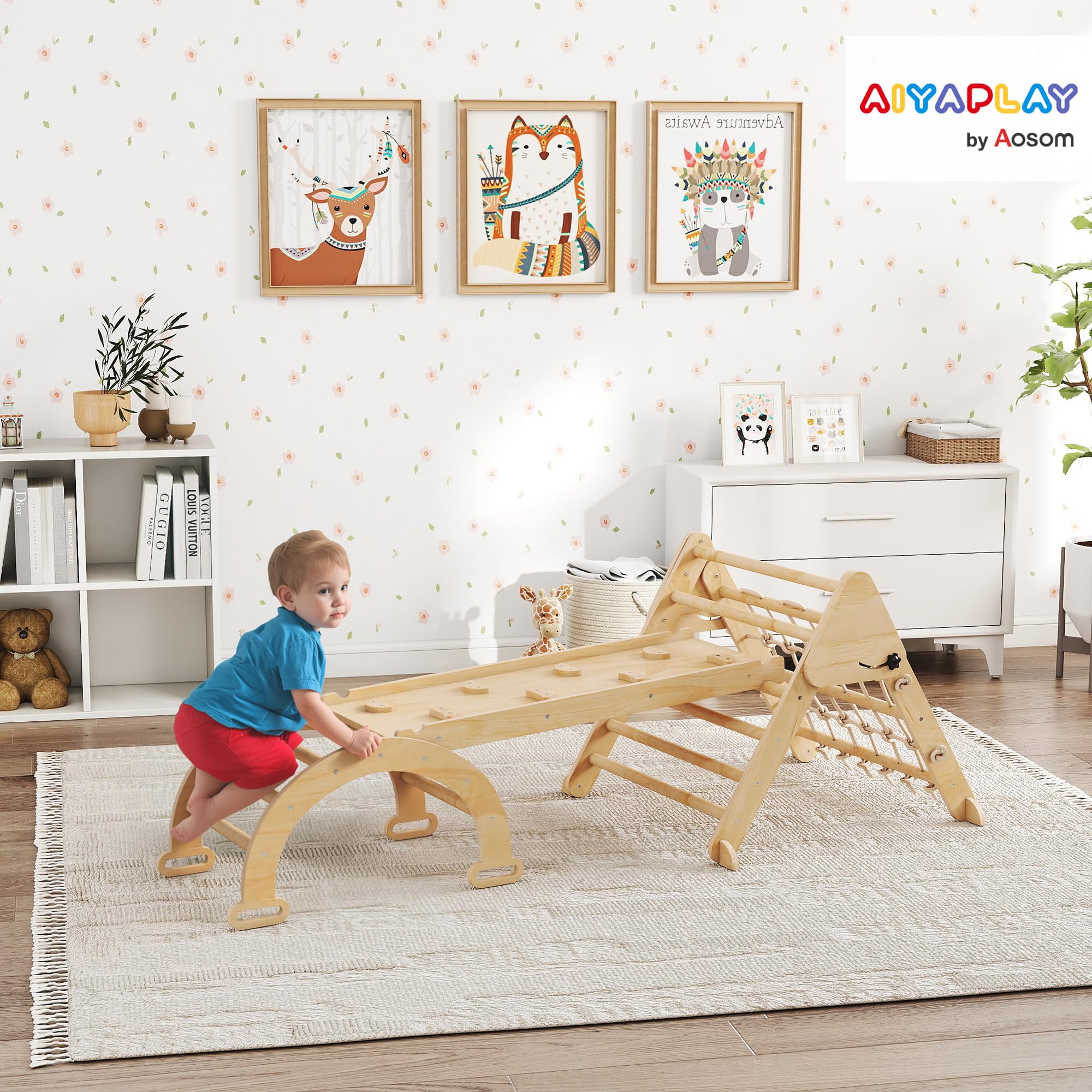 AIYAPLAY 8 en 1 triángulo de Escalada para niños con rampa Doble Cara, Arco de Escalada de Madera álamo con tobogán y Escalera, Carga 50 kg para deslizarse o Escalar bebé de 18 a 48 Meses, Natural