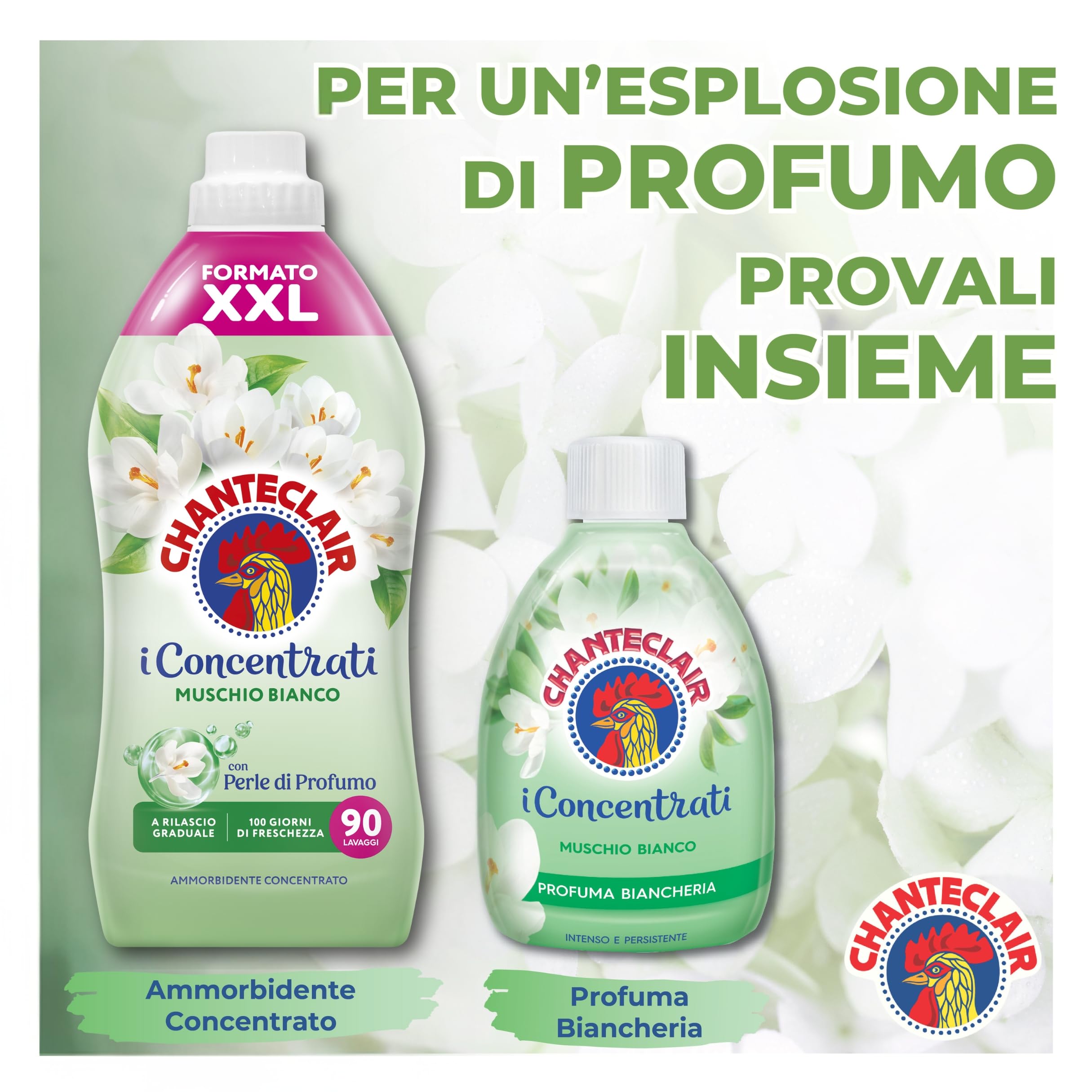Chanteclair - Ammorbidente "I Concentrati", Muschio Bianco, Protegge la morbidezza del bucato, Profumo Intenso e Persistente sui Capi - 8 flaconi da 1800 ml, 90 dosi