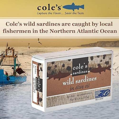 Miniatura 2 de COLE'S Sardinas silvestres en aceite de oliva  Sardinas enlatadas en aceite de oliva, capturadas en la naturaleza, alimentos sin gluten, pescado
