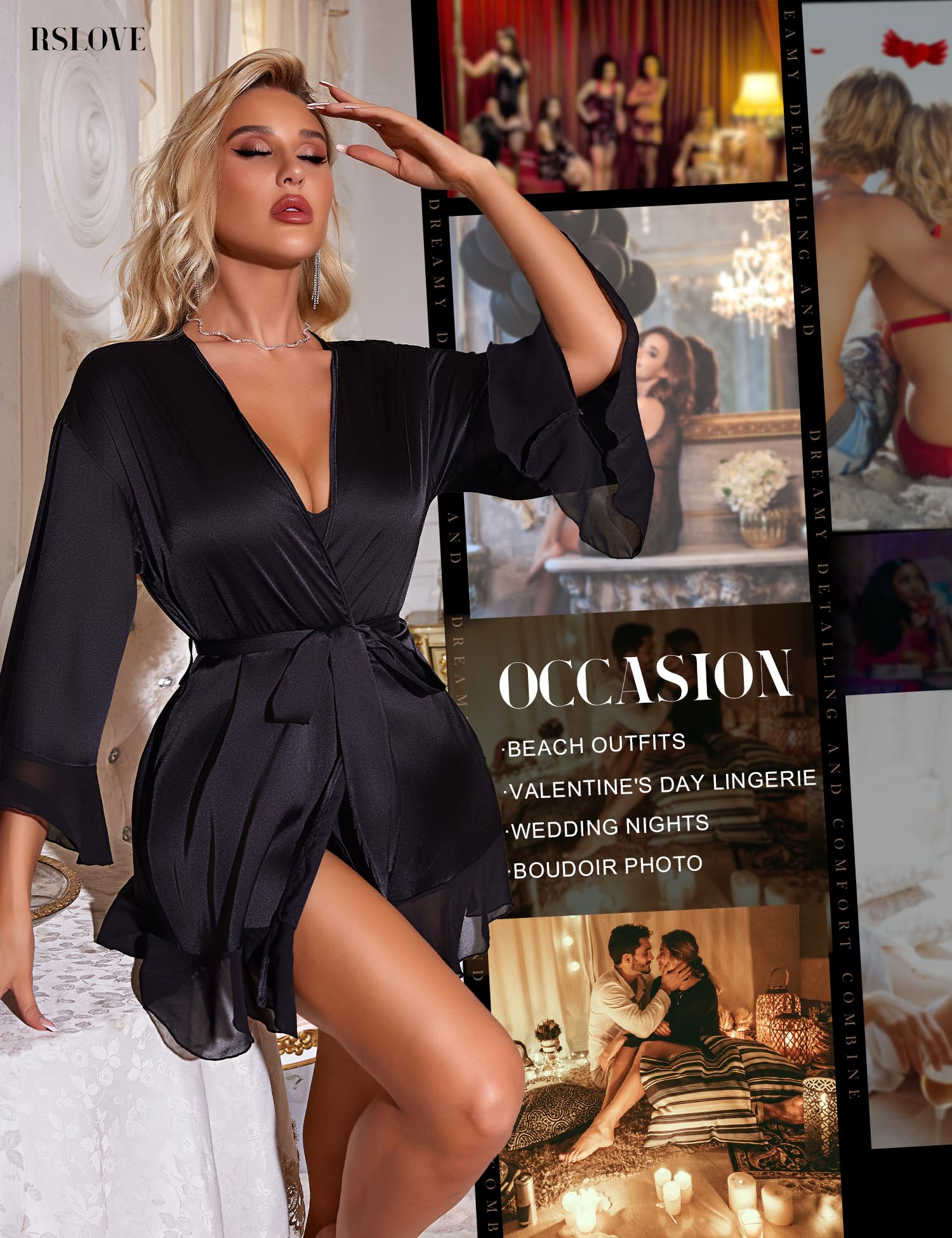RSLOVE Women Sexy Lingerie Set - 2 Piece Lace Kimono with Teddy Lingerie Satin Robe Set Bodysuit Nightgown: Small Black
