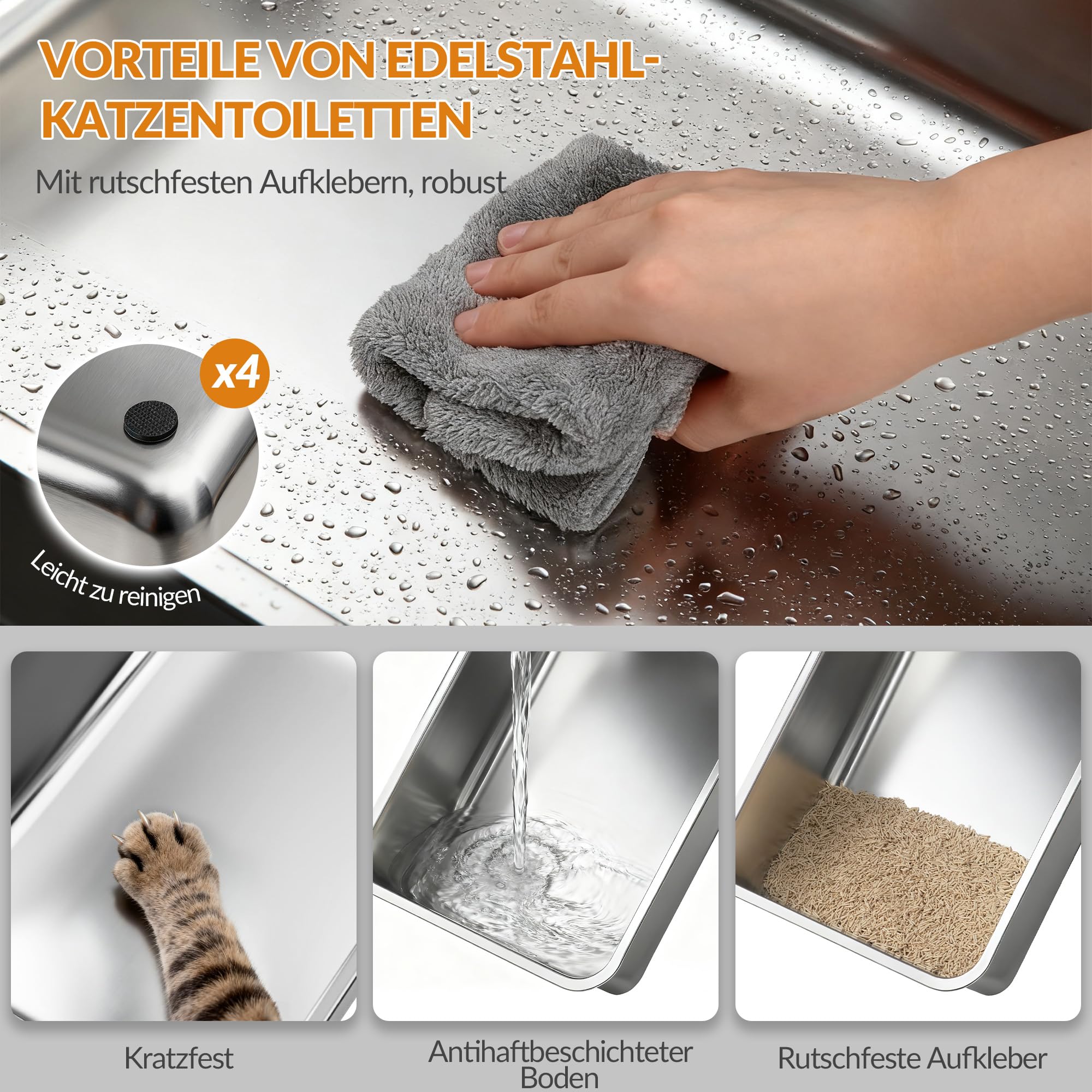 Edelstahl Katzenklo, XXL Geschlossene Katzentoilette, Hellgrau | Katzentoilette mit Deckel, Inklusive Trittstufe und Schaufel, Leicht zu Reinigen, Zwei Eingänge, Herausnehmbar FPLB204SG1