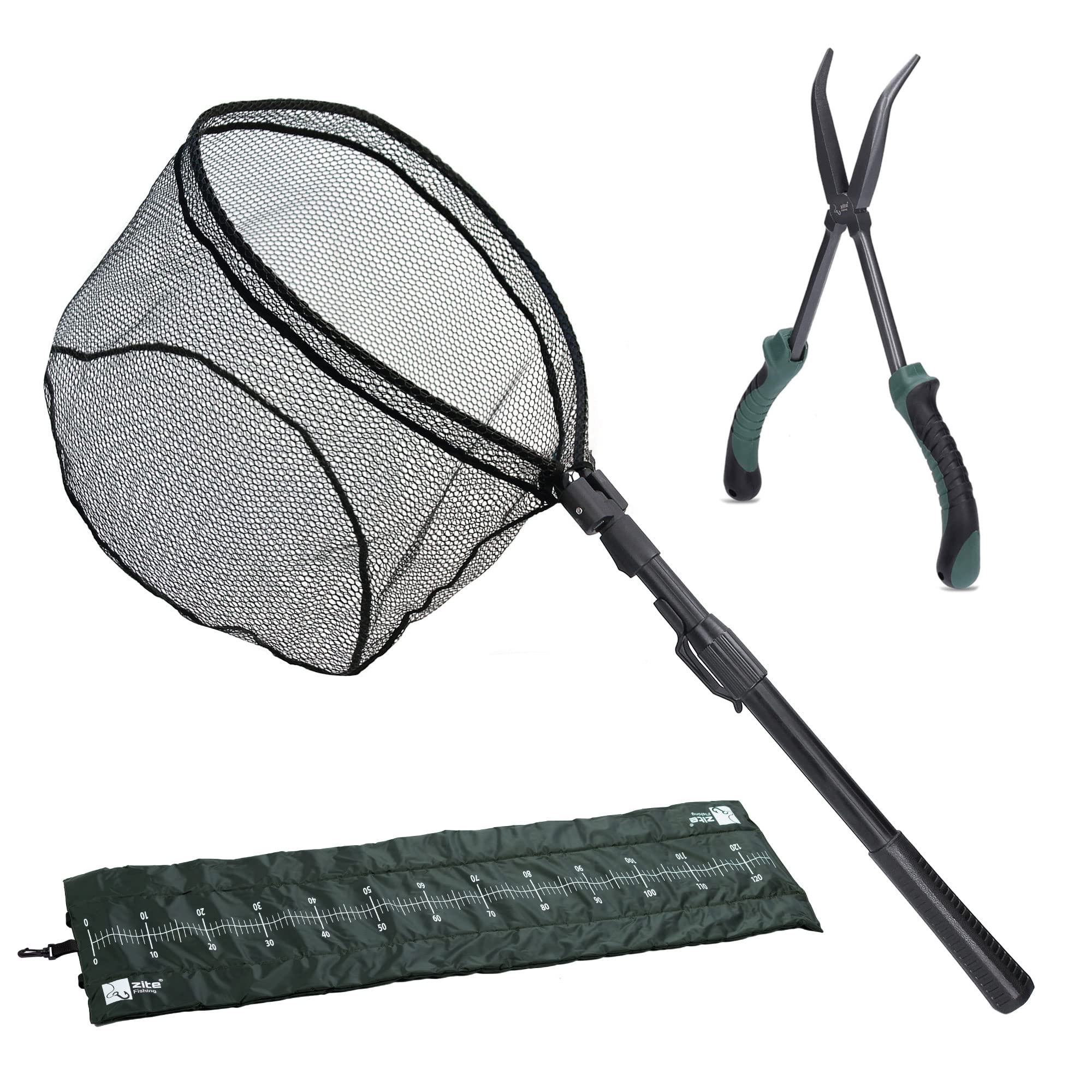 Zite Fishing Raubfisch Angelzubehör Set - Einhand-Kescher Gummiert - Fisch-Abhakmatte 130cm - Hakenlöser-Zange 28cm