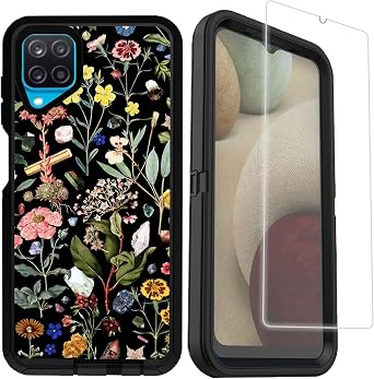 Compatible for Samsung Galaxy A12 Case with Camera Lens Protector, Cute Floral 6.5 inch Heavy Duty Protective Case for A12 5G/4G, Black Flowers