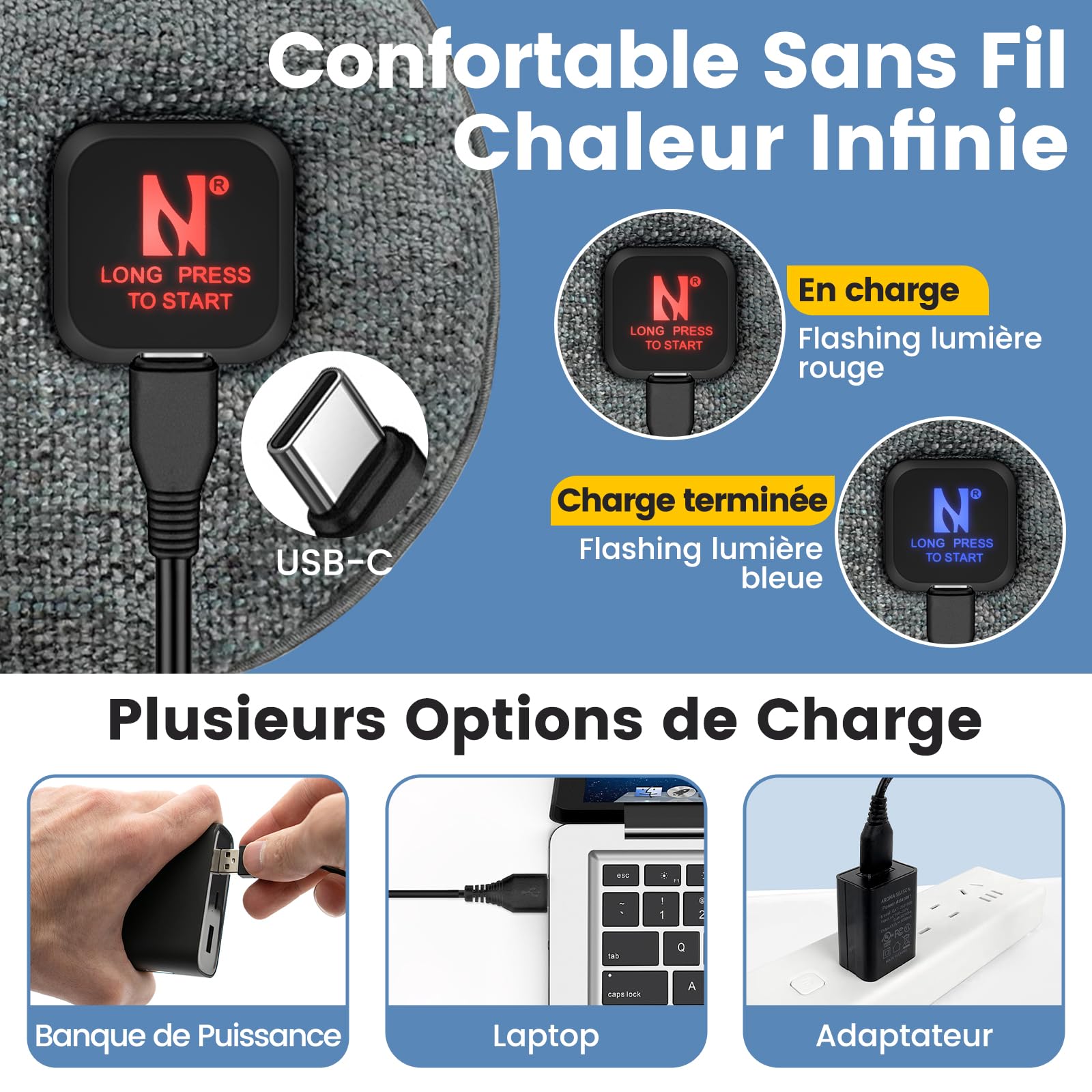Masque chauffant yeux pour les yeux secs, masque yeux chauffant avec 3 niveaux de chaleur, masque de sommeil pour homme et femme, 1000mAh sans Adaptateur
