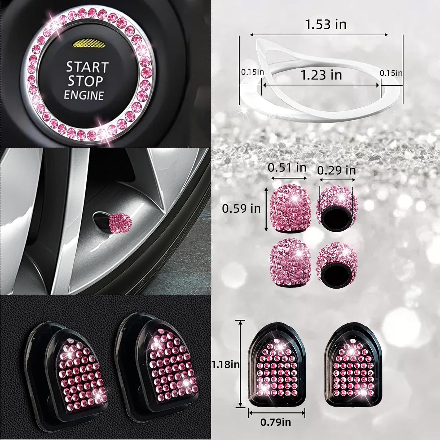 NBTEPEM 27-Piece Bling Car Accessories Set - Universal Fit Steering Wheel Covers, License Plate Frames, Phone Holder, Car Fast Charger, Coasters (Pink) - Image 9
