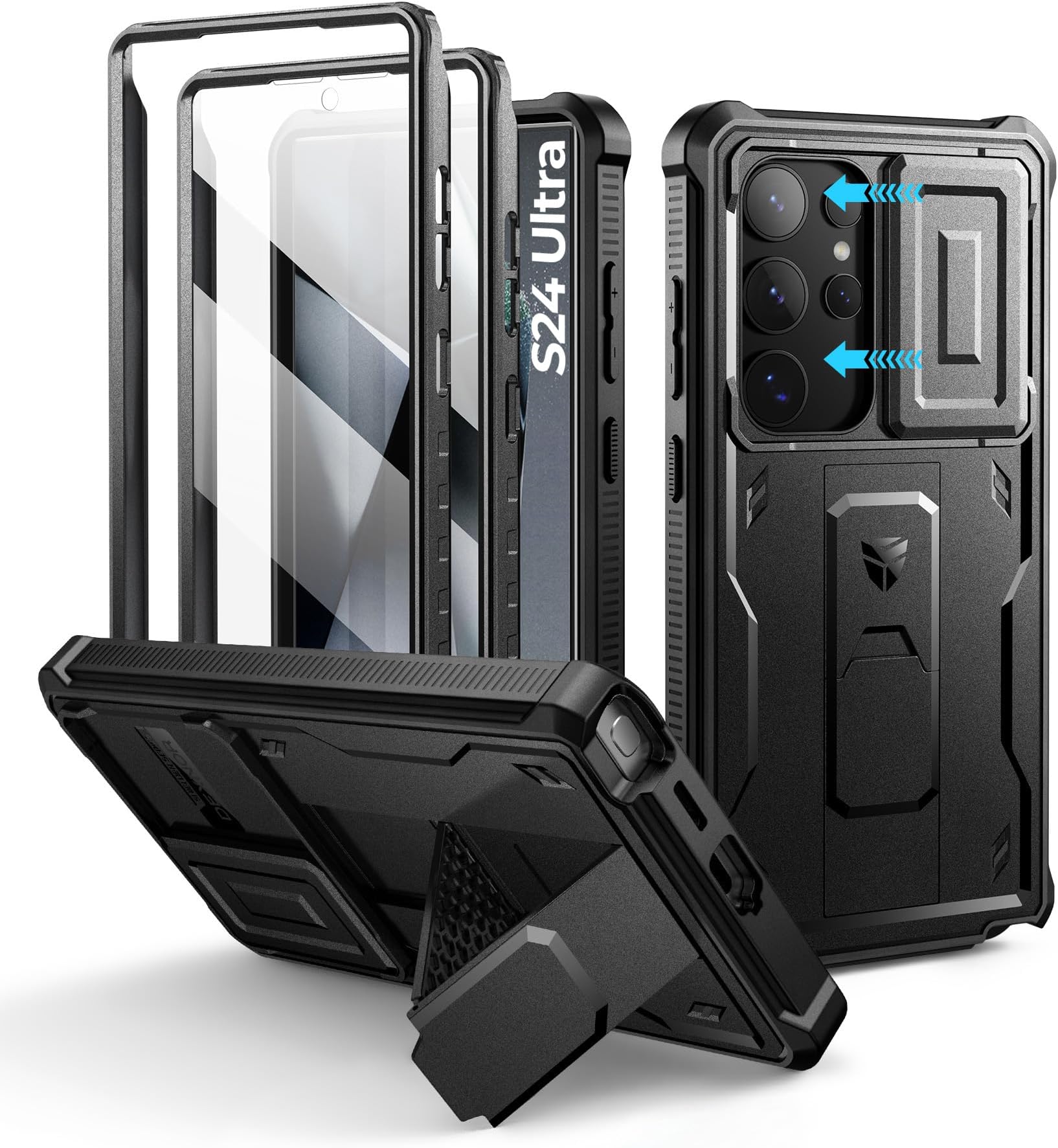 Dexnor for Samsung Galaxy S24 Ultra Case with Built-in Slide Camera Cover & Screen Protector & Kickstand, Shockproof Rugged Case Full-Body Bumper Protective Cover for Galaxy S24 Ultra (2024),Black