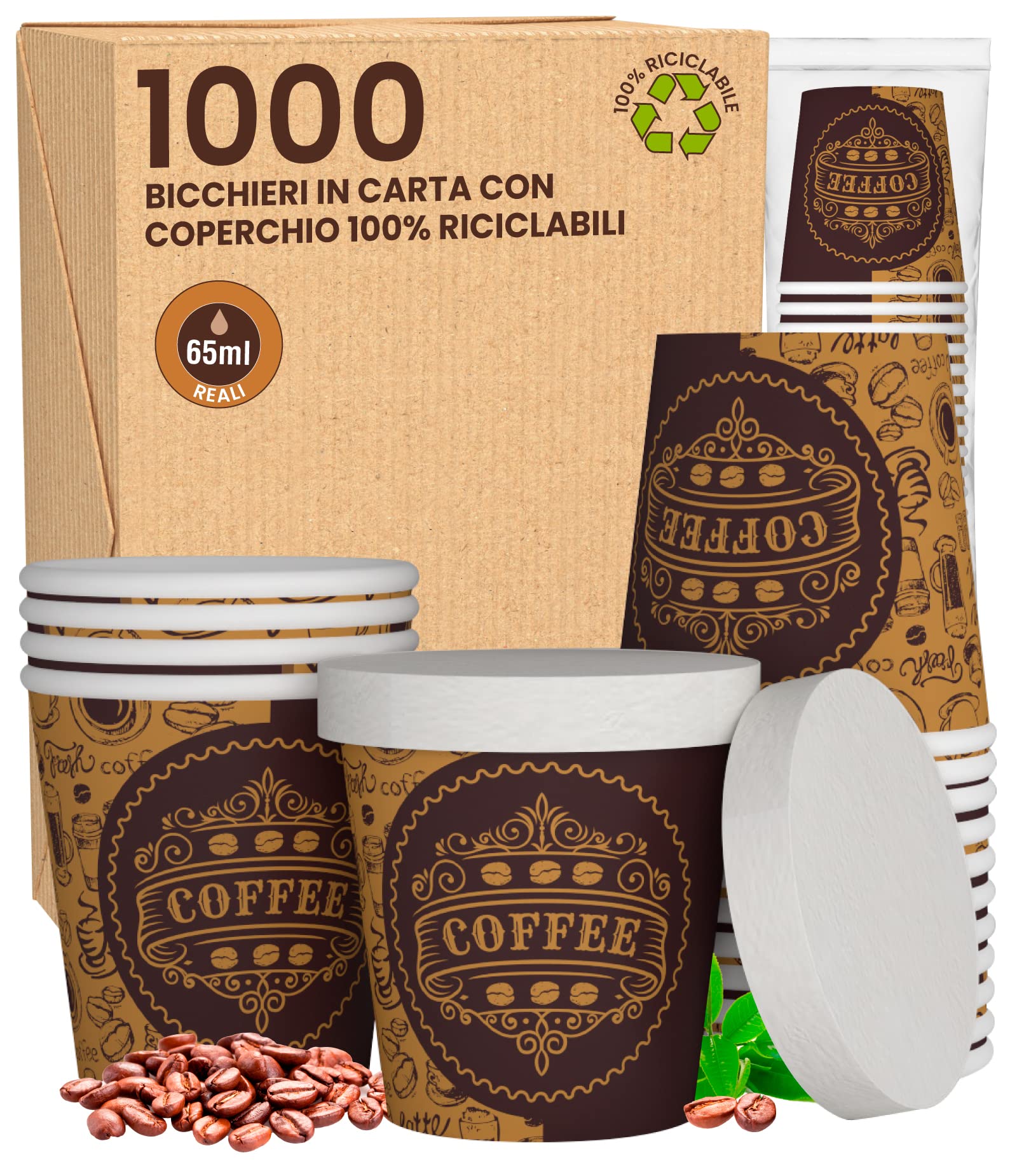 1000 Bicchierini in Carta per caffè 65ml ASPORTO PubCUP con COPERCHIO in carta Bicchieri Ecologici Biodegradabili Monouso Piccoli Asporto Bevande Calde + 1000 coperchi