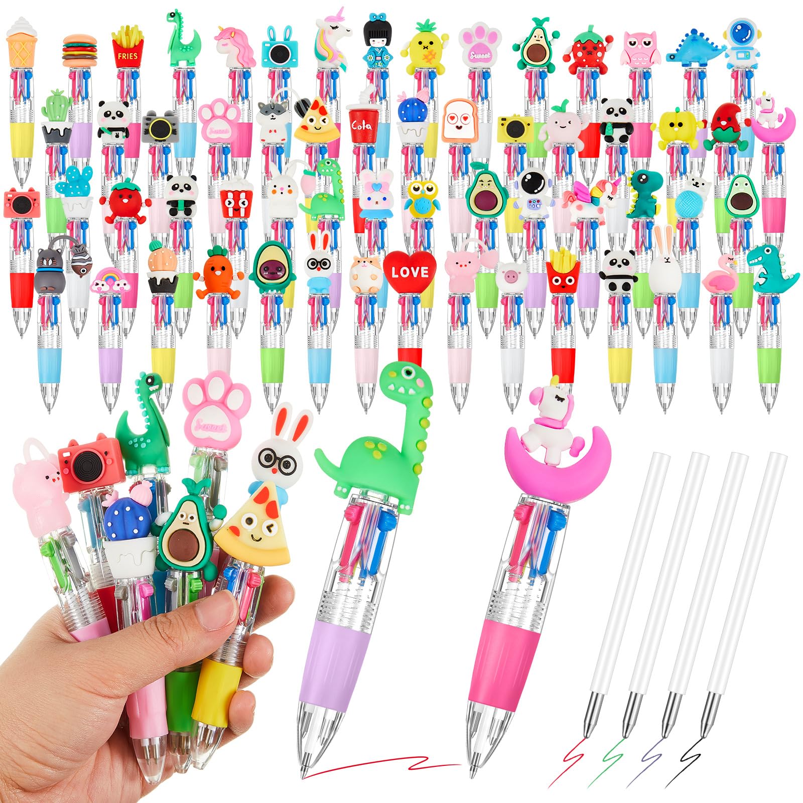 Humyoun 60 Pcs Multicolor Pens in One 4-in-1 Bulk Cute Kawaii Fun Pens with 120 Refills, Valentine Gifts Set, Stocking Stuffers for Party Favors Xmas