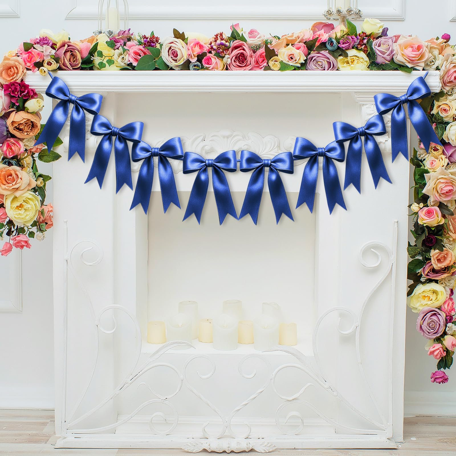 1 String of 8PCS Navy Blue Bow Garland Banner Decoration,Pre-Strung Satin Ribbon Ornaments for Birthday,Bachelorette Party,Bridal Shower,Wedding,Engagement,Baby Shower,Graduation Decor,Anniversary