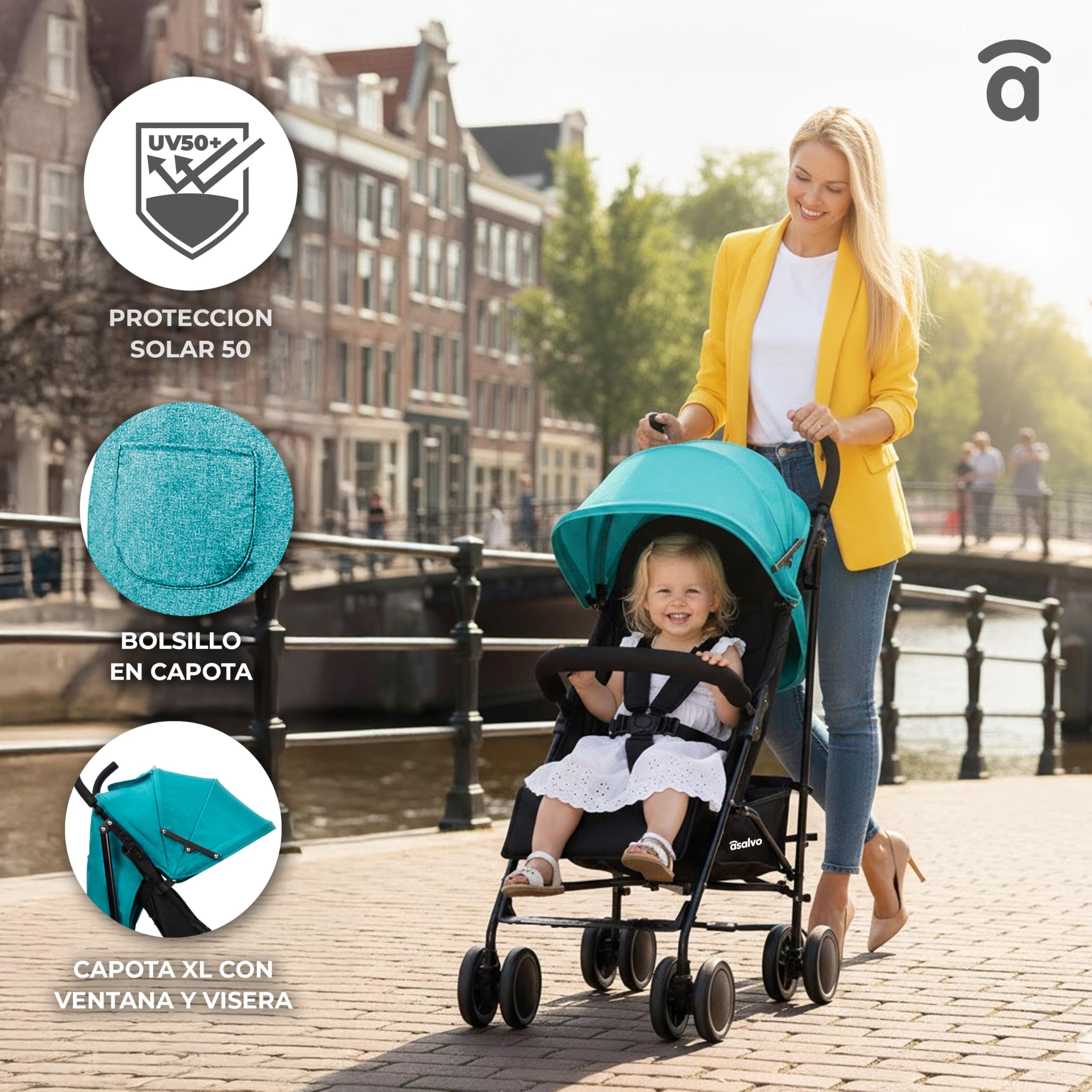 Asalvo TOKYO Silla de Paseo Ultraligera para bebé, Carrito de paseo, Respaldo Reclinable, Cochecito urbano, Arnés 5 Puntos, SPF50+, Capota con Ventana, Manejable y Máxima Seguridad, Hasta 16kg, Negro