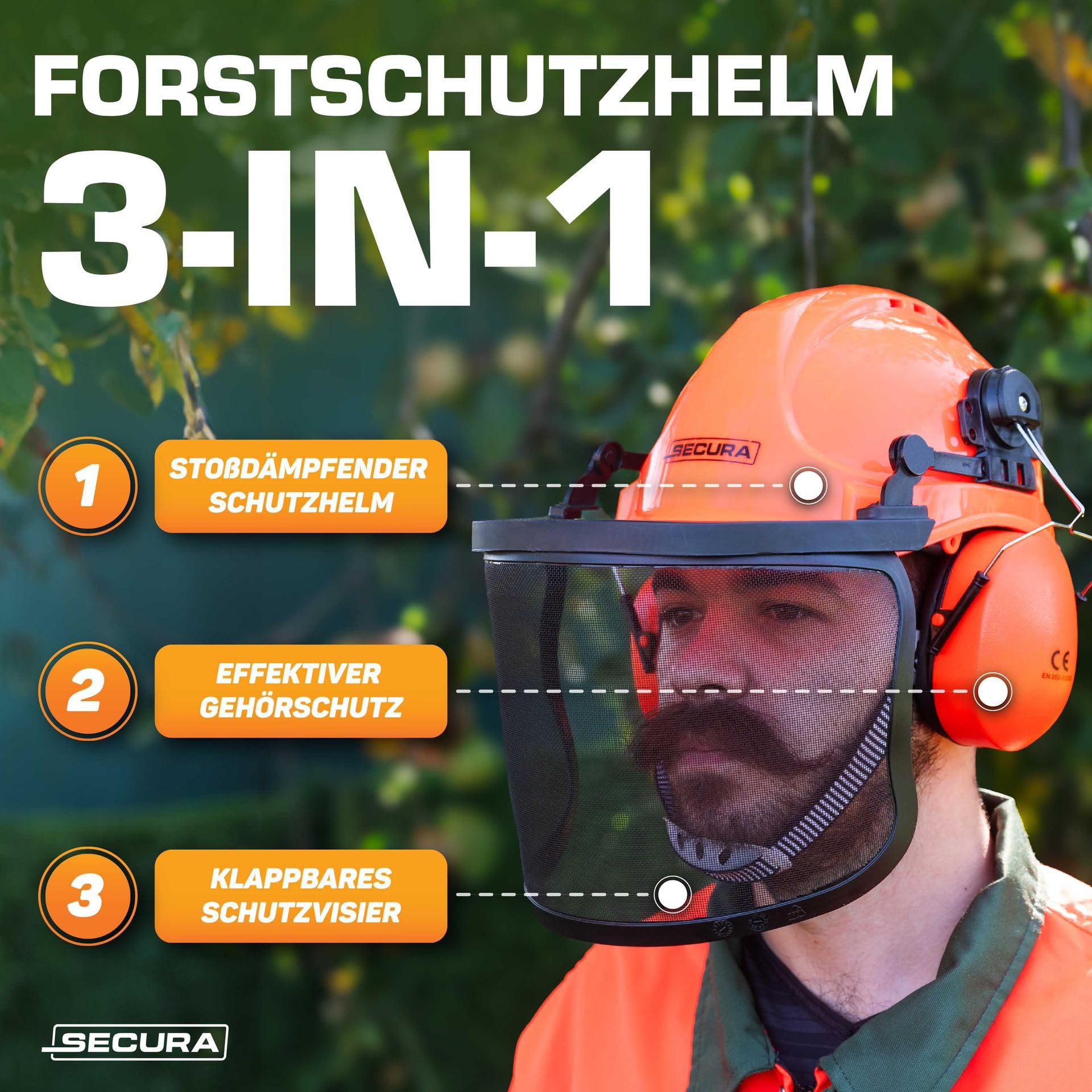 SECURA Premium Forsthelm mit Visier und Gehörschutz | Schutzhelm Kettensäge | Forstschutzhelm Sicherheitshelm EN 397