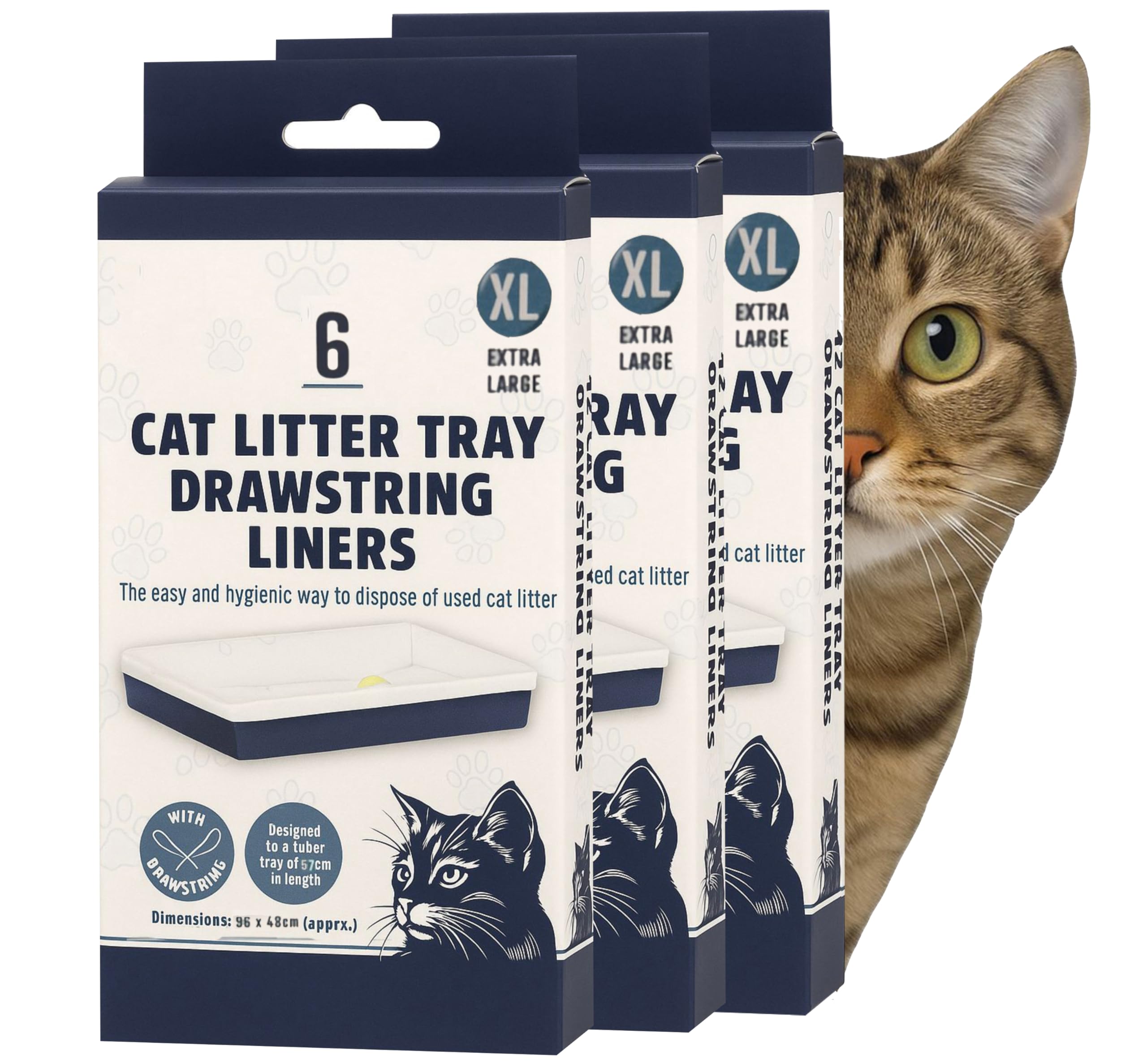 Pet Guru White Xl Cat Litter Tray Drawstring Liners, Extra Large 96 X 48 Cm, Strong Disposable Bags With Yellow Drawstring (18)