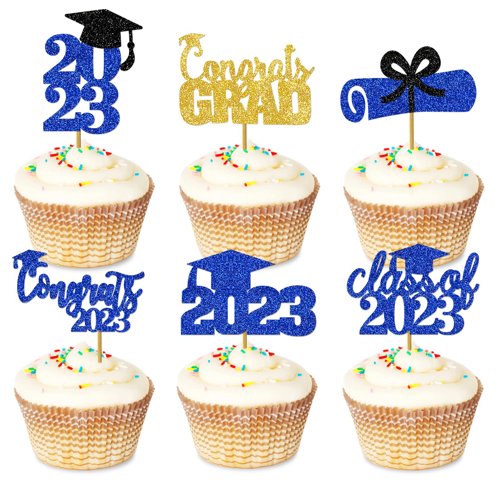 Photo 1 of 24Pcs 2022 Cupcake Toppers Graduation Toppers for Cupcakes Graduation Cap Cupcake Toppers Class of 2022 Cupcake Toppers Grad Cupcake Toppers 2022 for Graduation Party Decorations (Blue Gold) SET OF 3